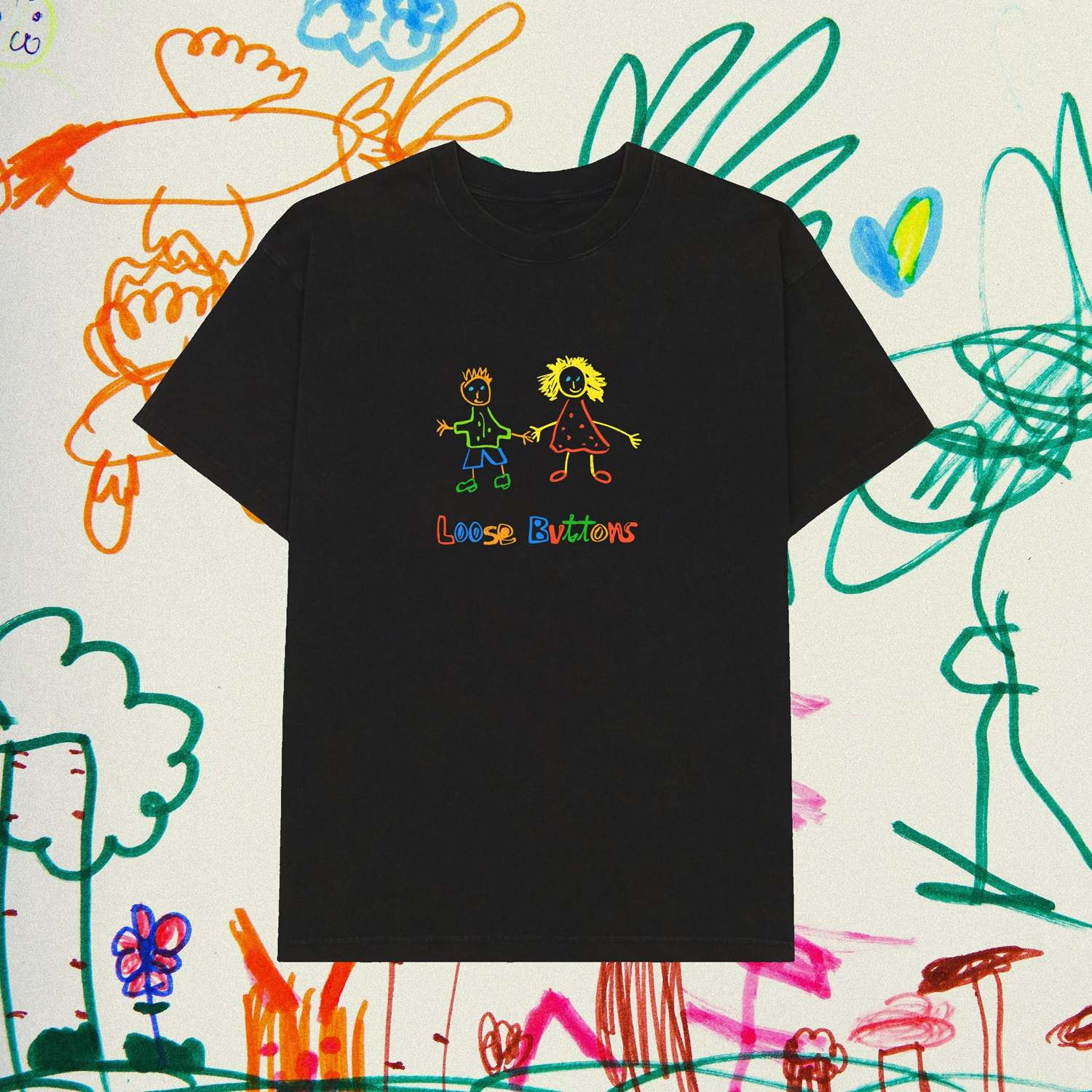 a black t - shirt with a drawing of two children