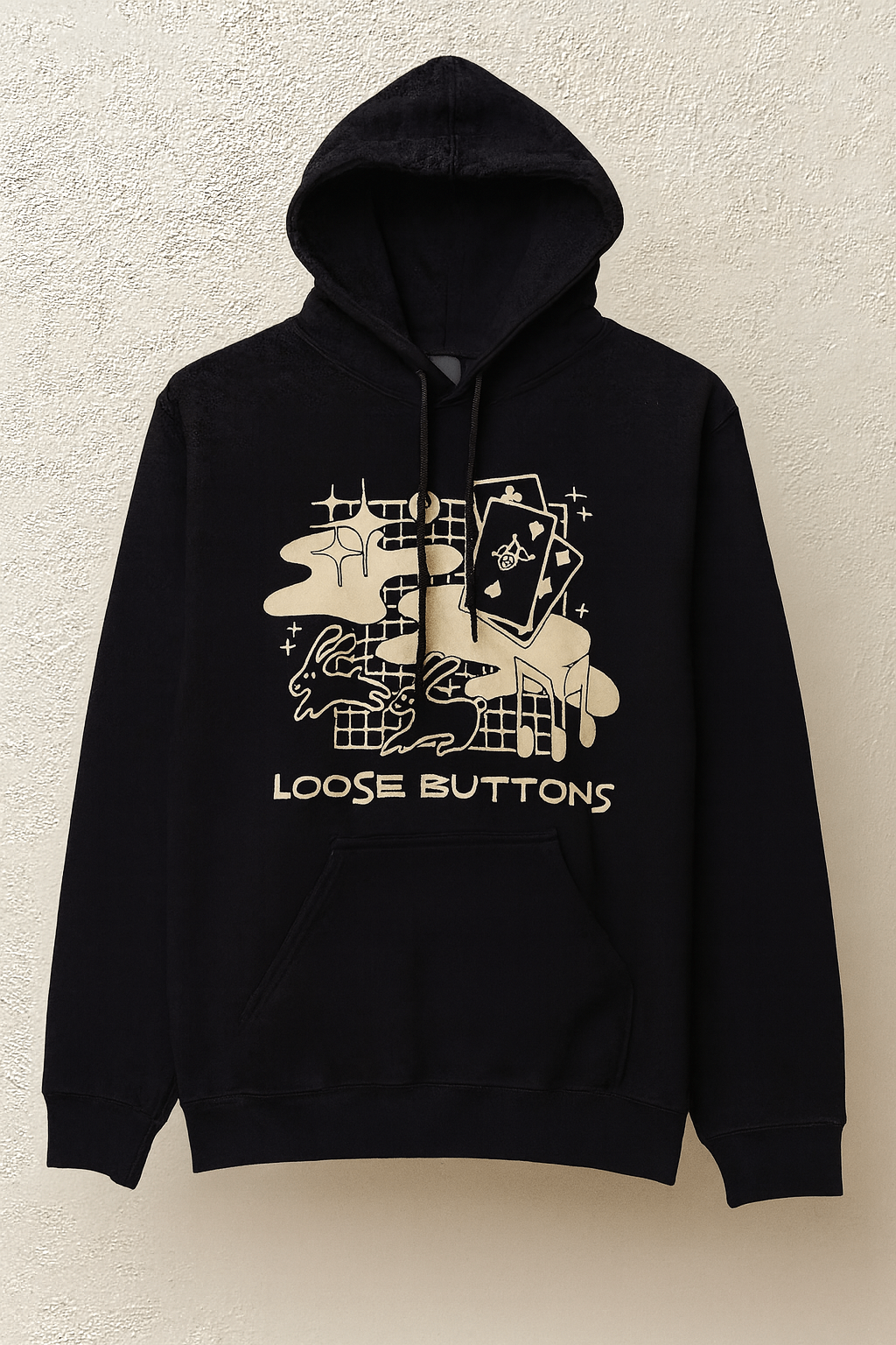 a black hoodie with the words lodge buttons on it