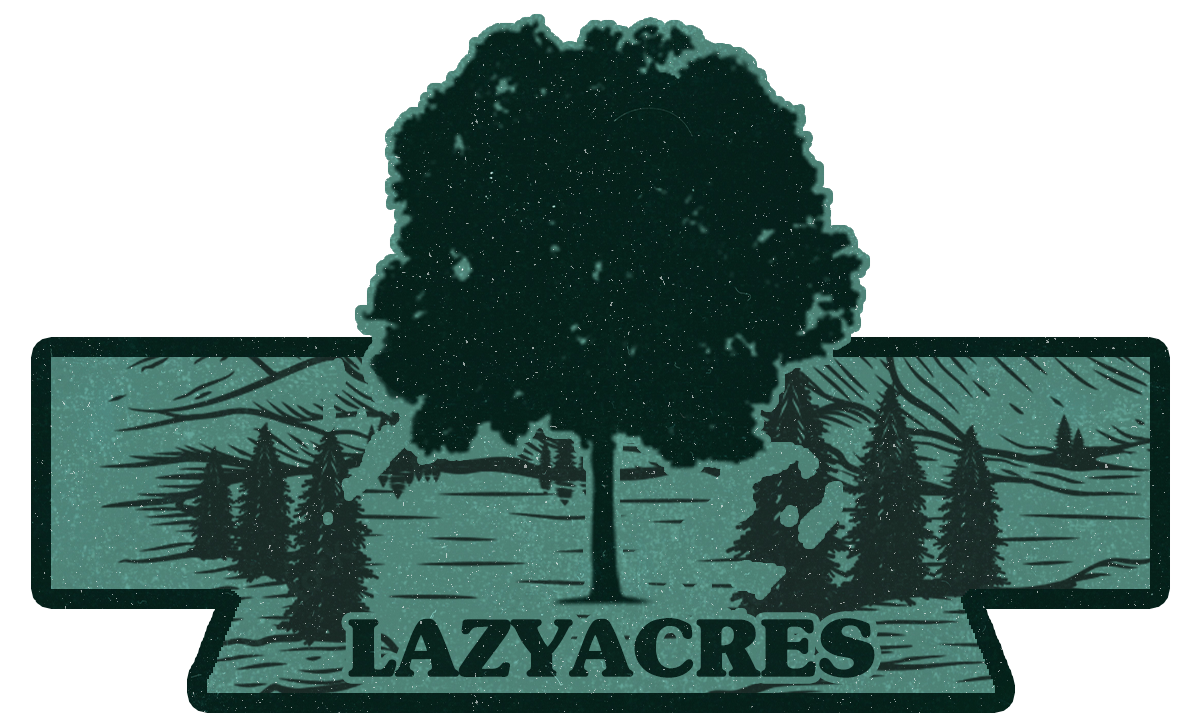 the logo for lazyacres, with a tree in the background