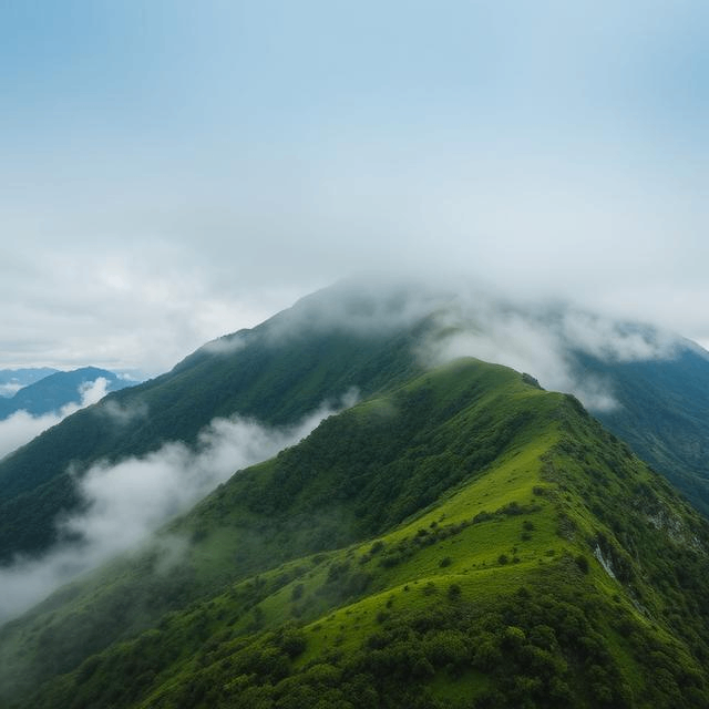 aerial view of a green mountain covered in clouds