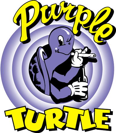 the purple turtle logo with a turtle holding a beer