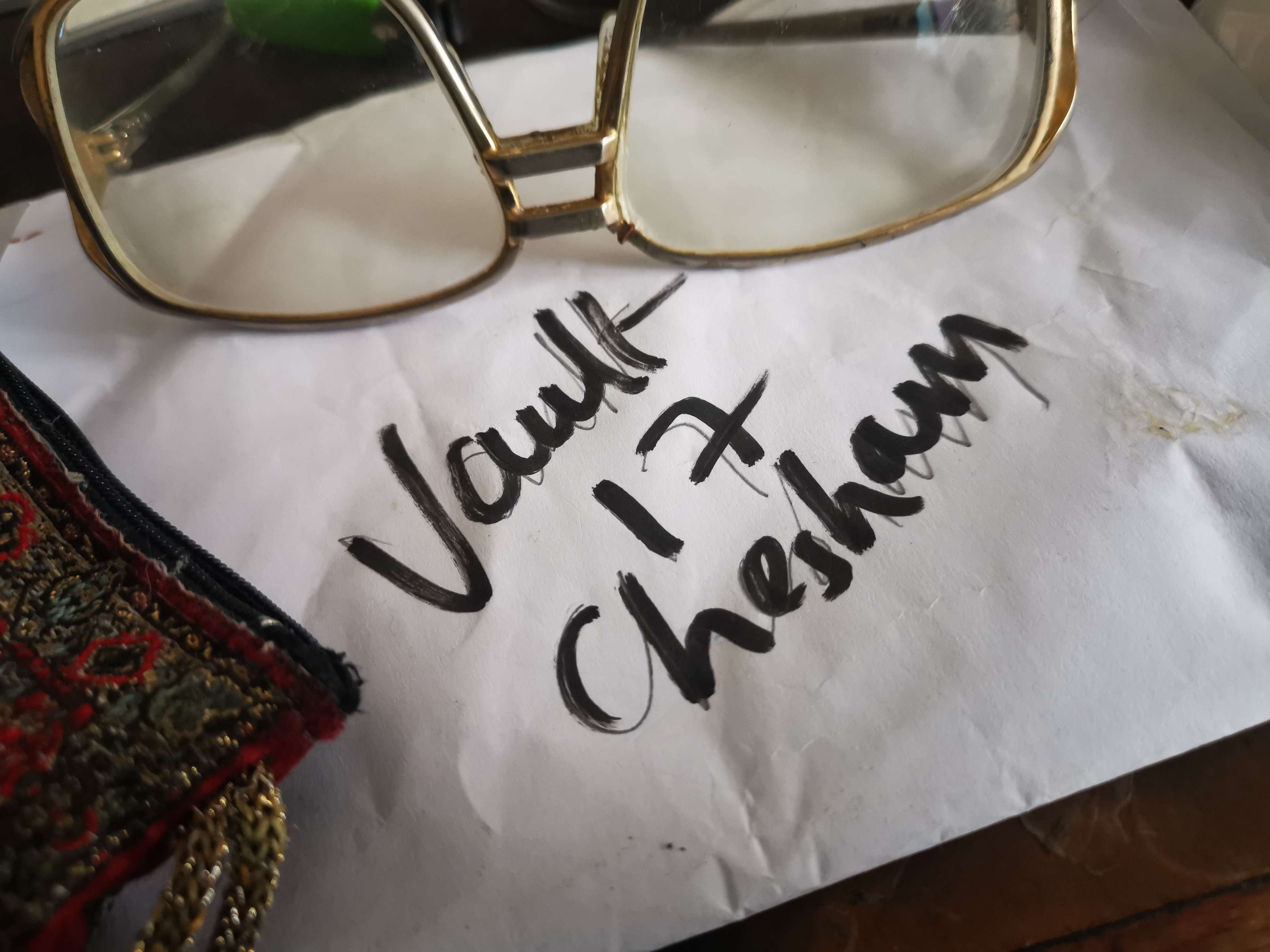 a pair of glasses and a purse on a piece of paper