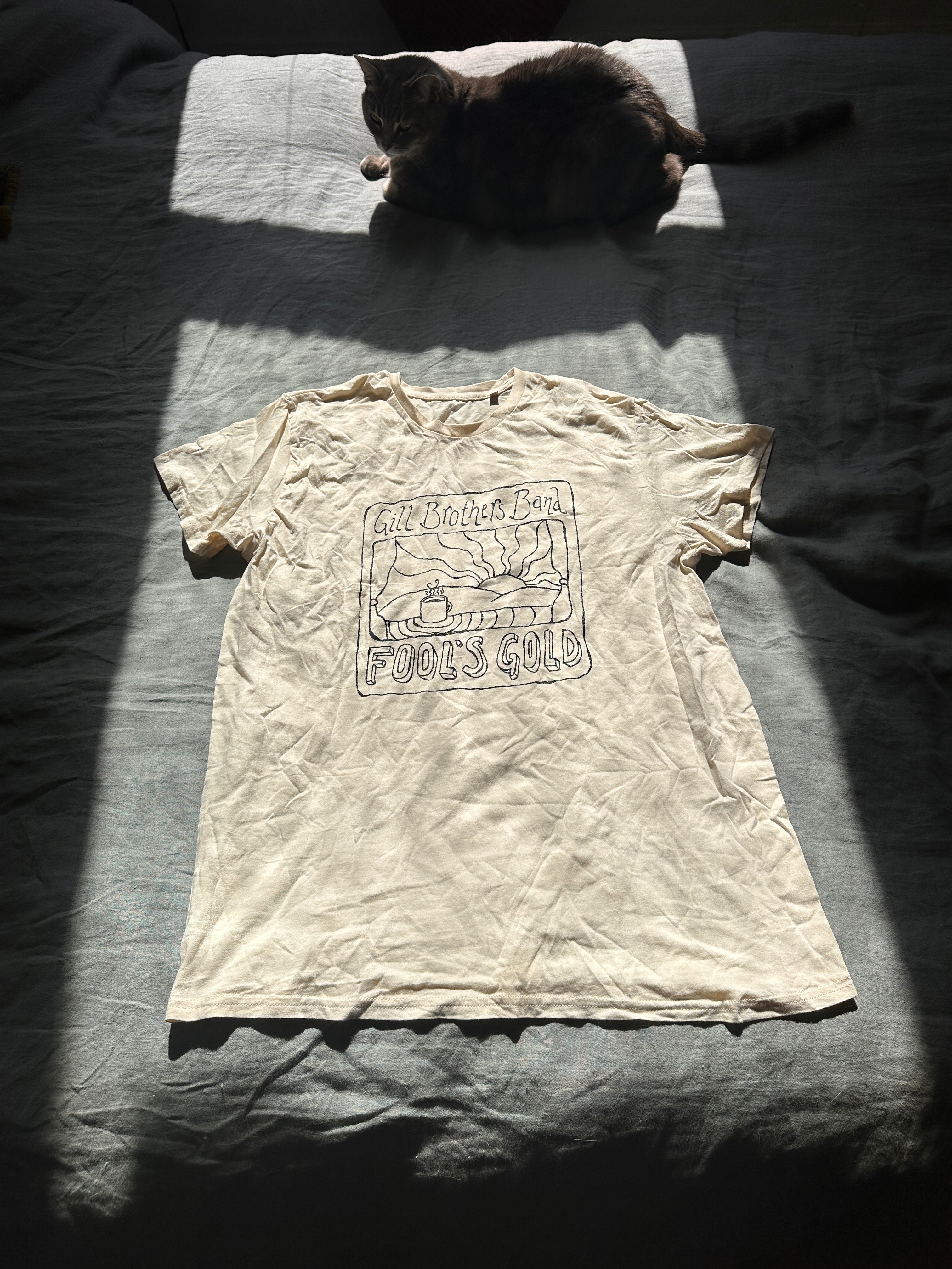 a cat is sitting on a bed next to a t - shirt