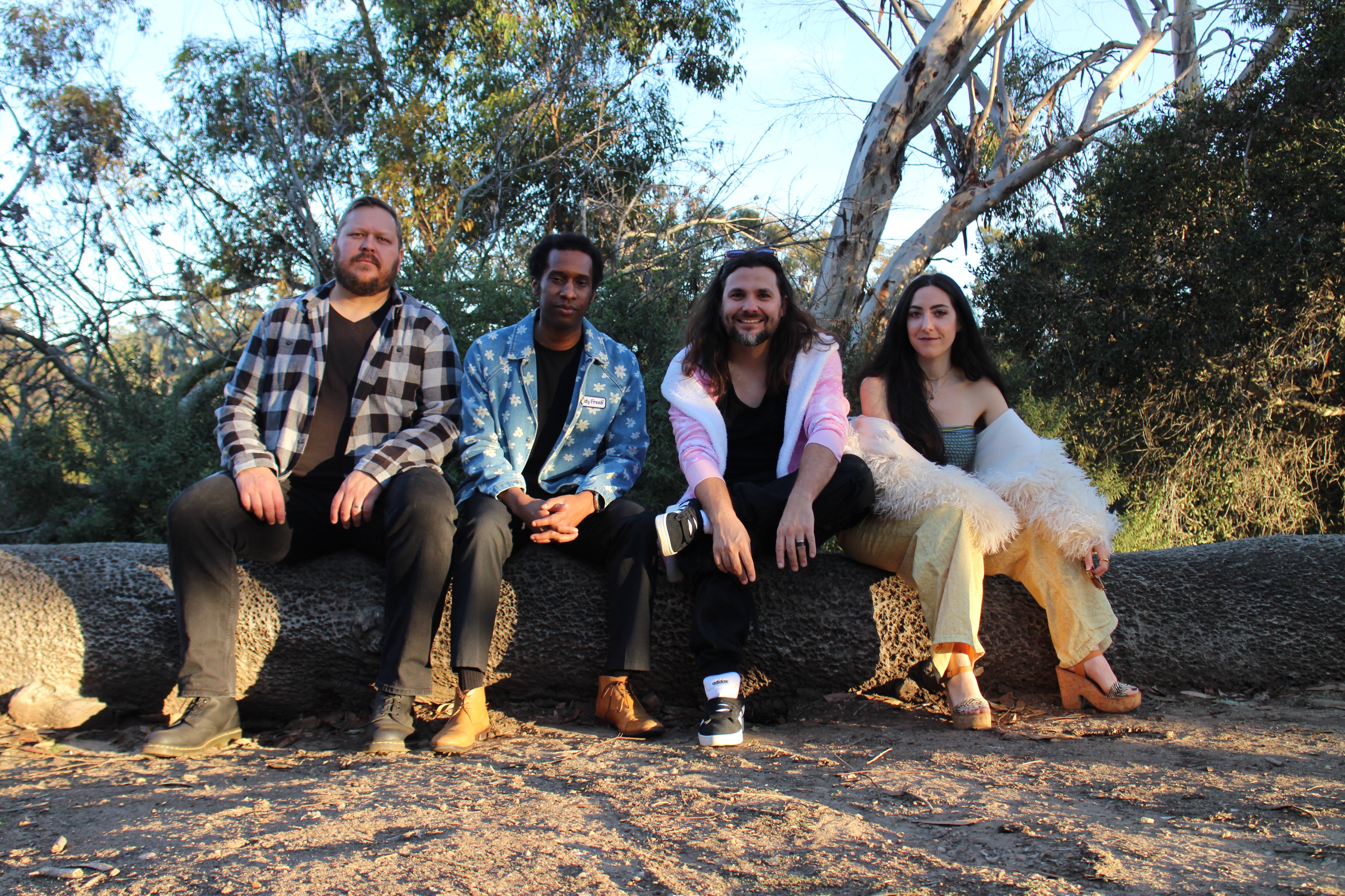 a group of people sitting on a log in the woods