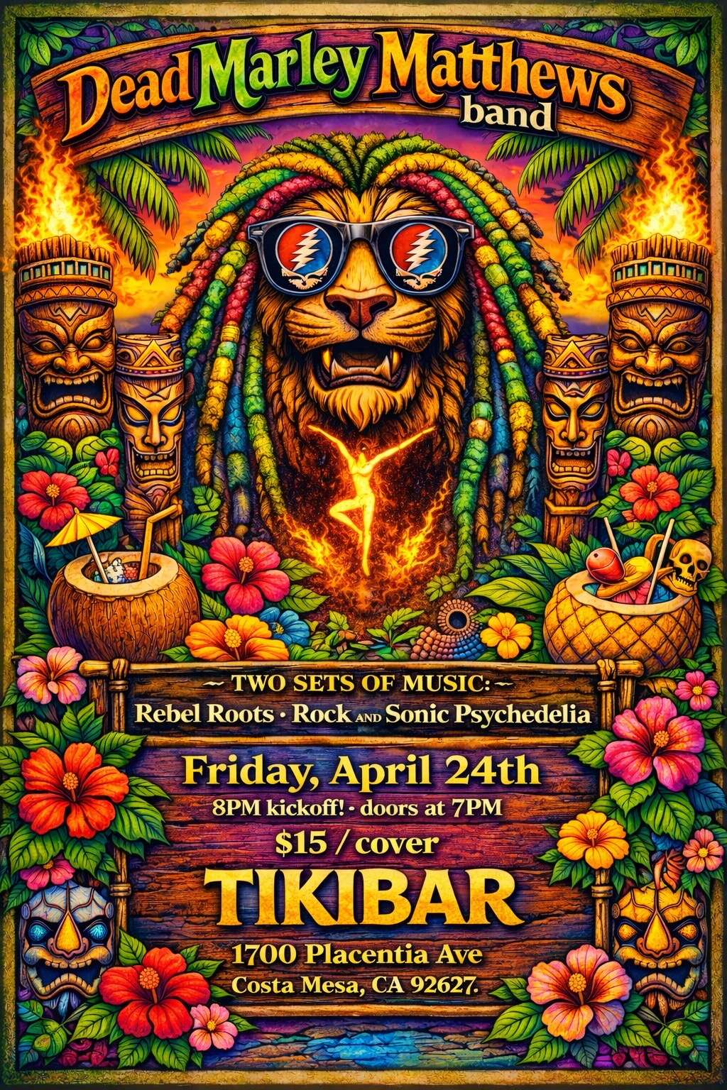 a poster for the dead mary matthews band's tiki bar