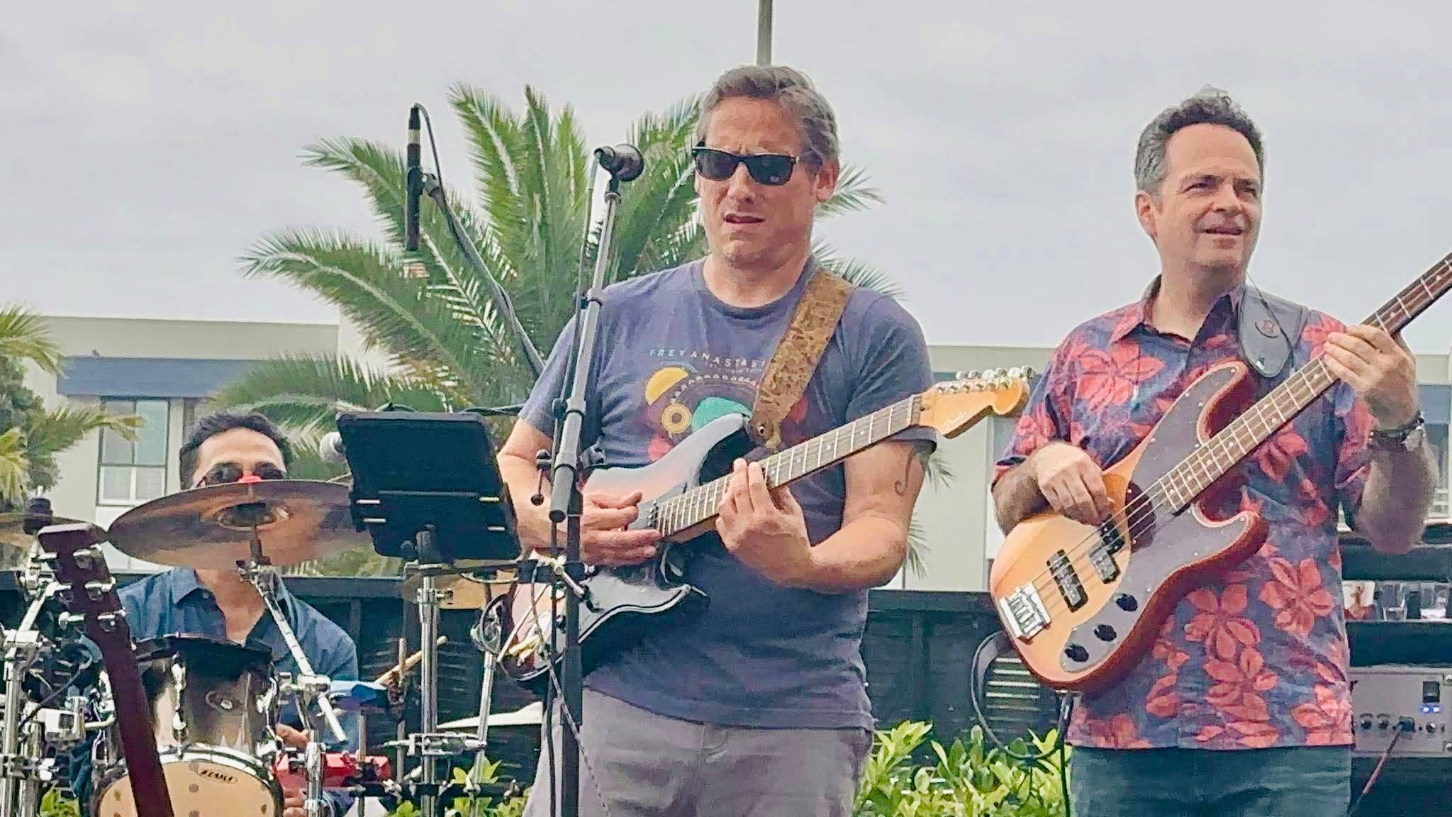 a group of men playing guitars in front of a palm tree