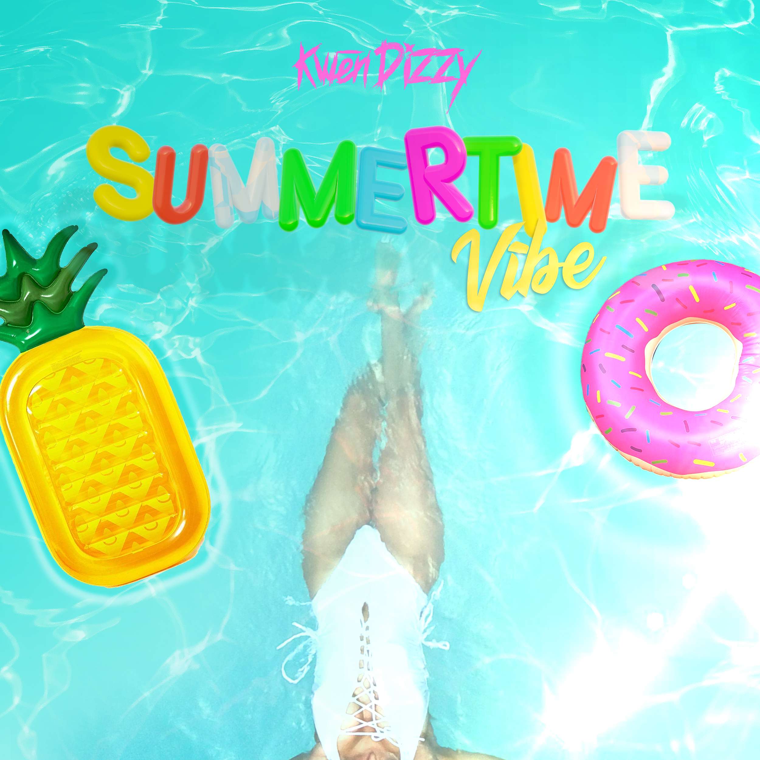 a woman is laying in a pool with a pineapple ring