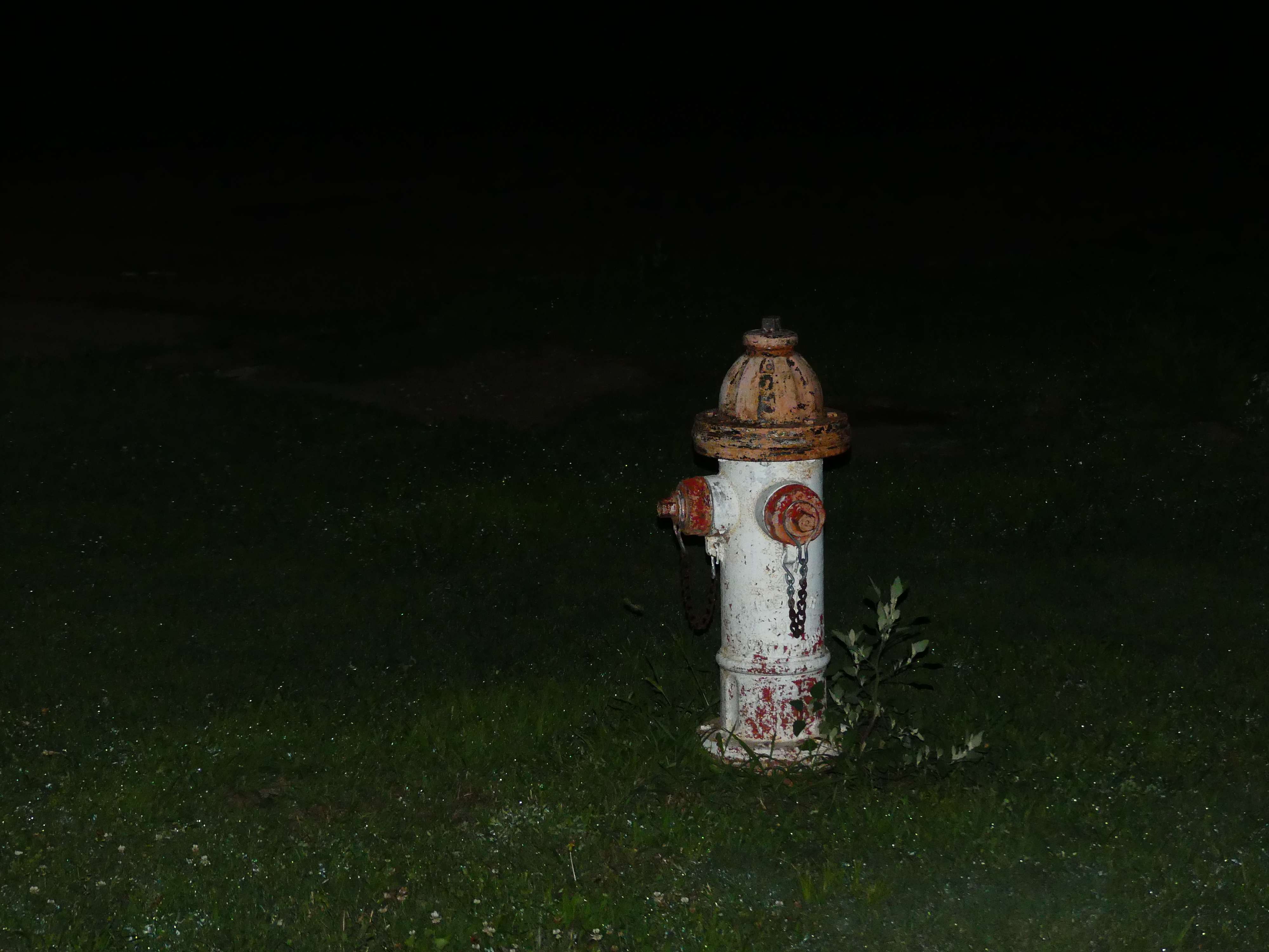 a fire hydrant in the middle of a field at night