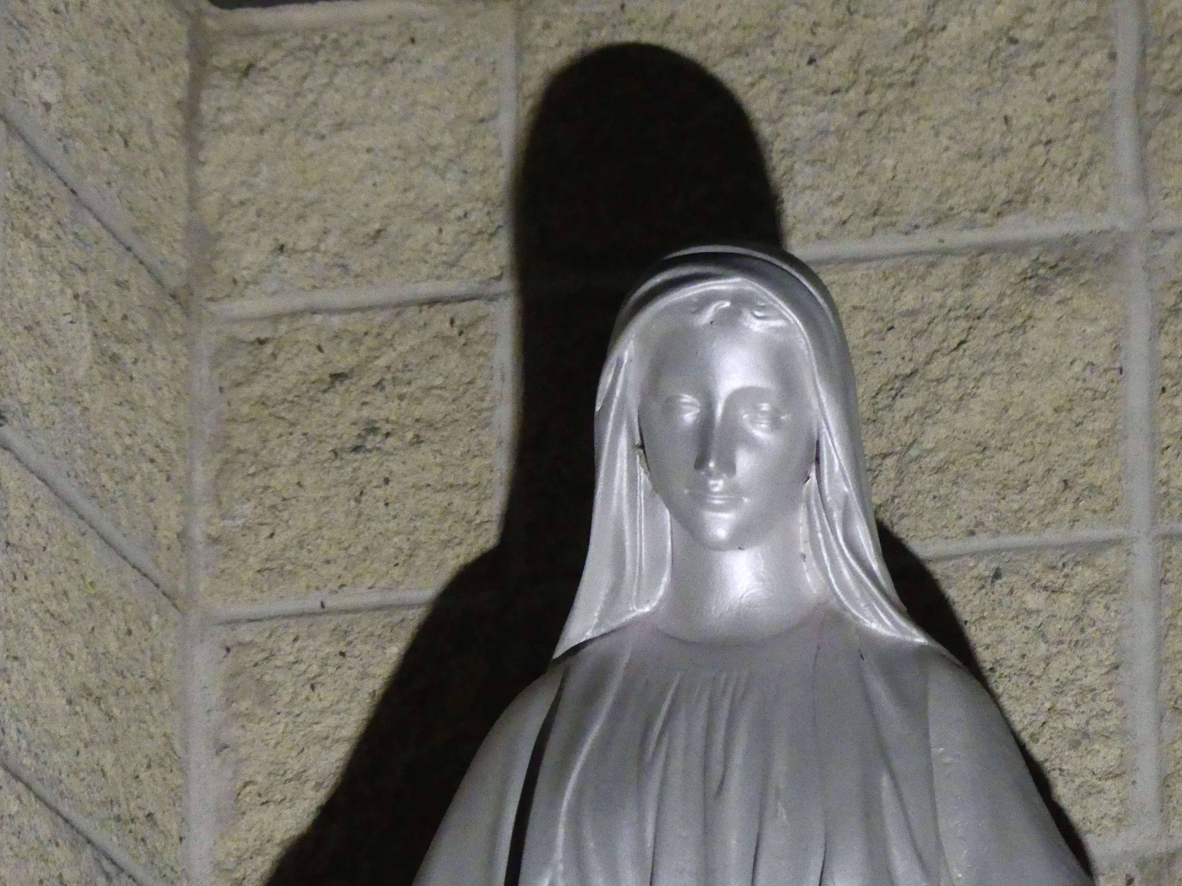 a statue of the virgin mary with a shadow