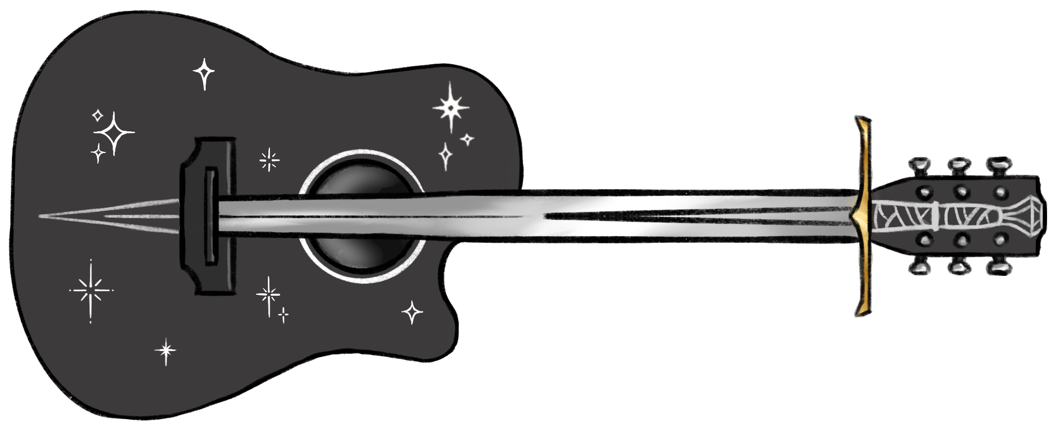 a black and white acoustic guitar with stars