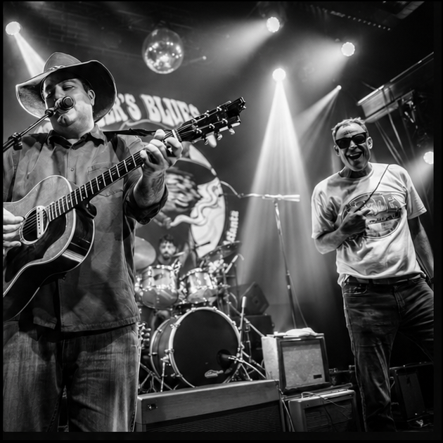a black and white photo of two men on stage