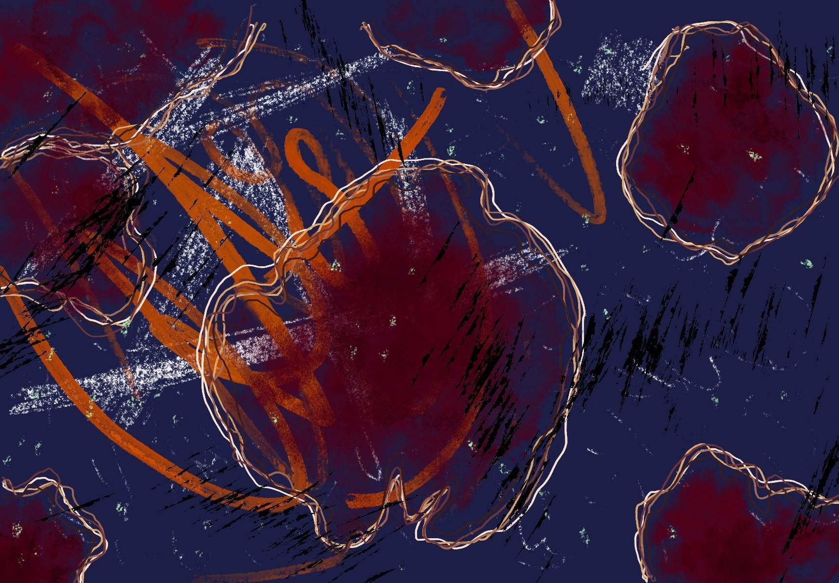 A Verge Called Krell tip jar: a drawing of red and orange flowers on a blue background