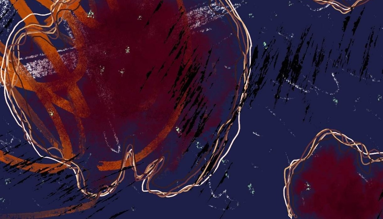 A Verge Called Krell tip jar: an abstract painting of red and orange flowers on a blue background