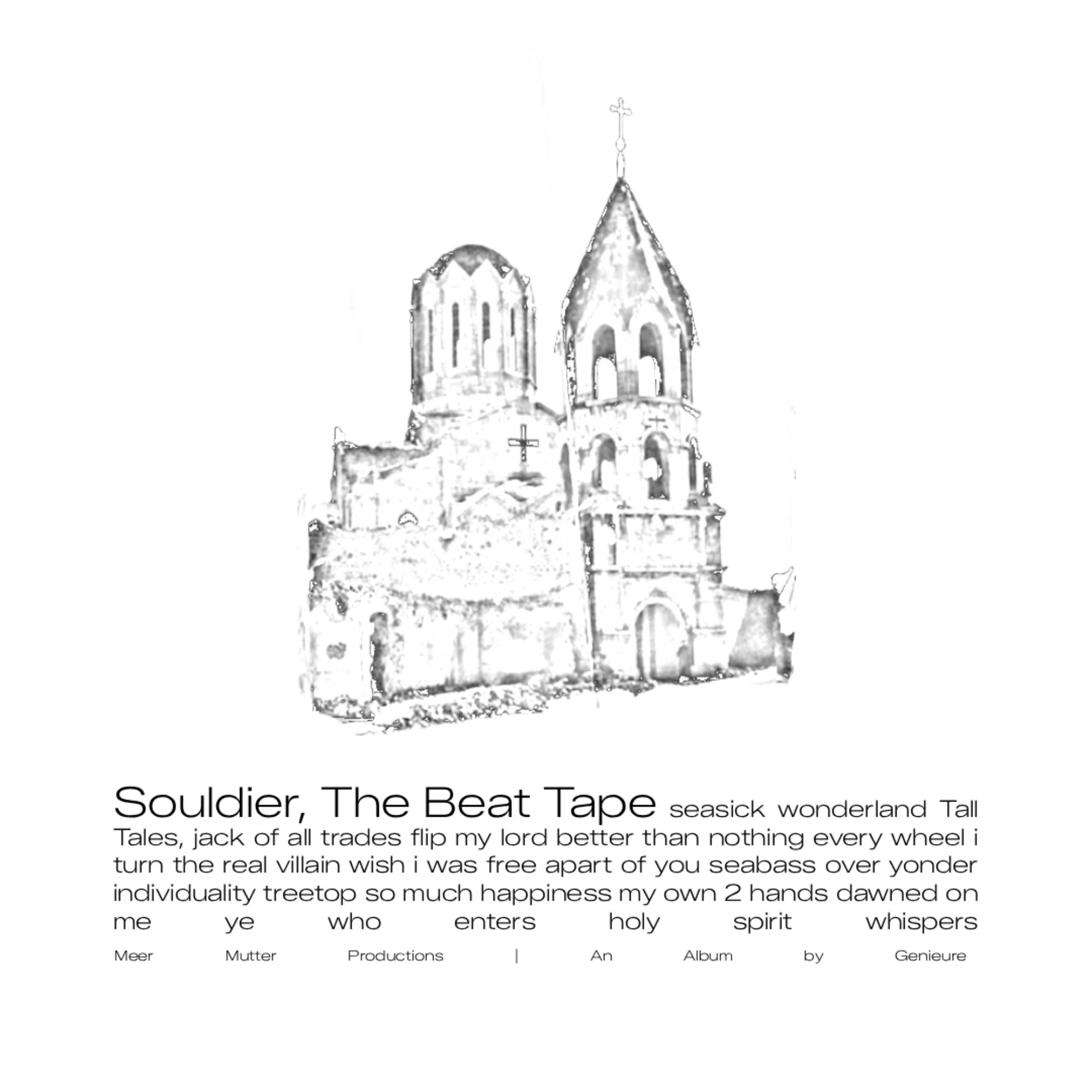 a black and white drawing of a church with the words soldier the beat tape