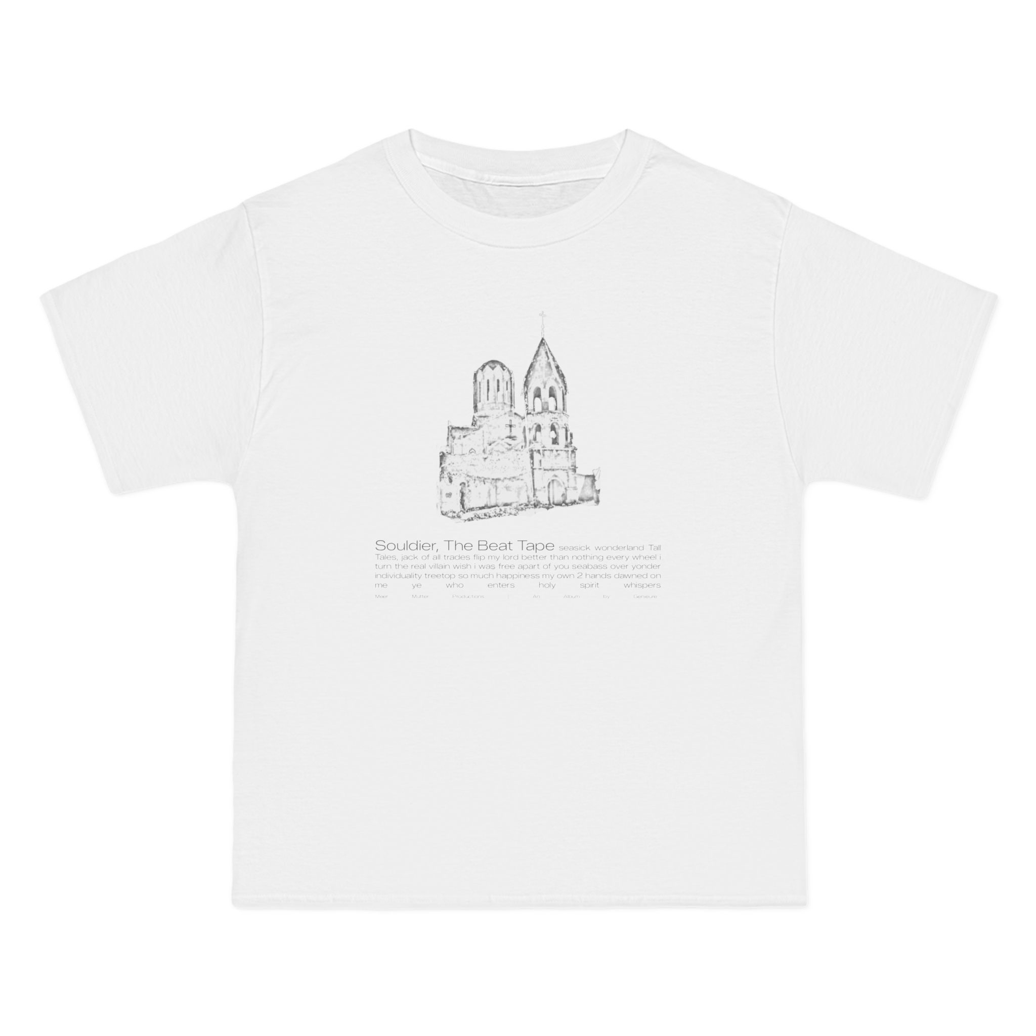 a white t - shirt with a drawing of a church