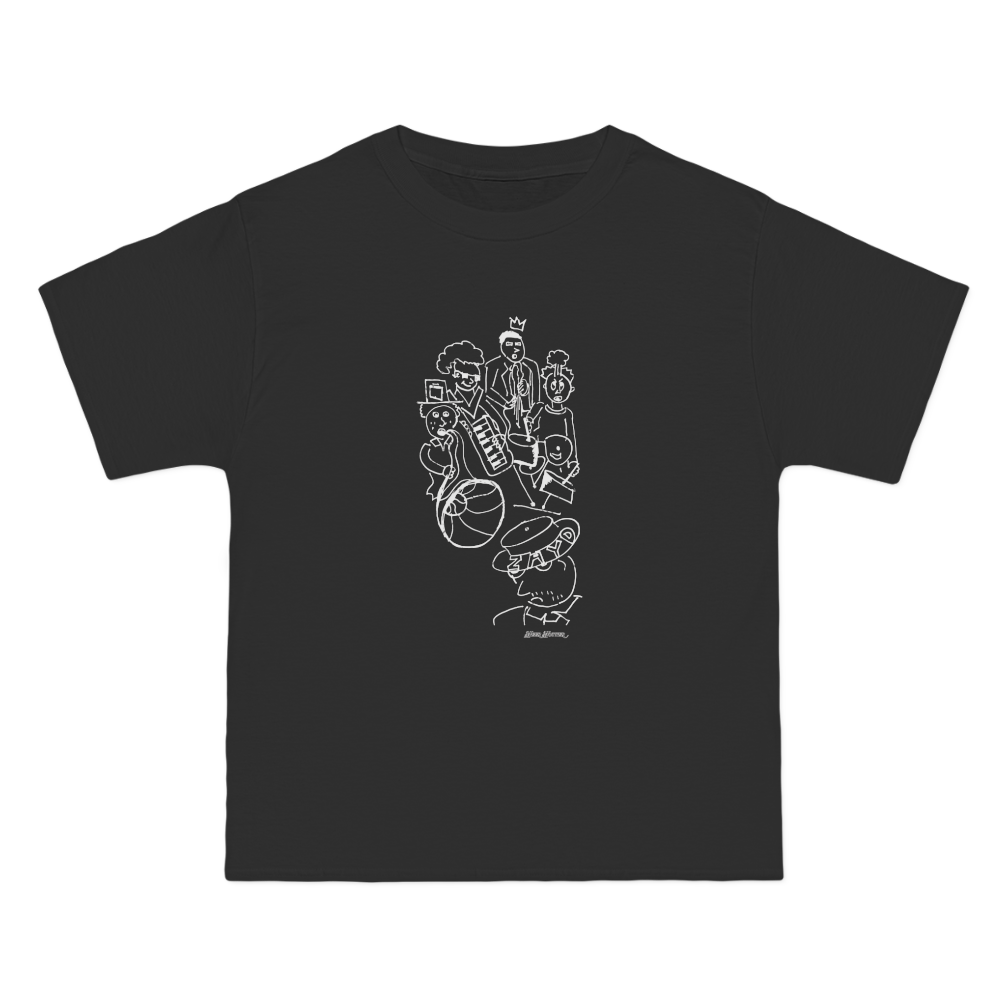 a black t - shirt with a drawing of a man and a woman