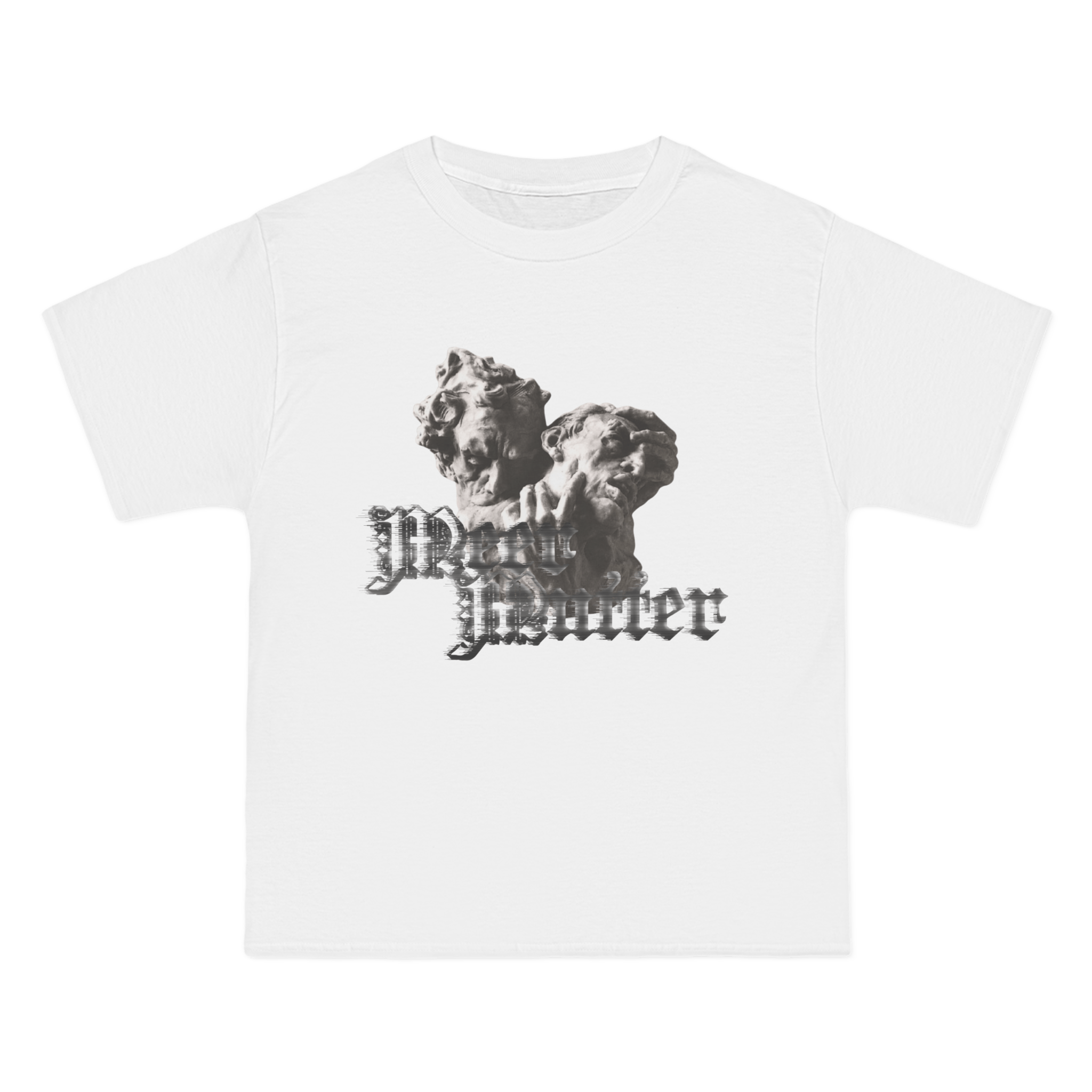 a white t - shirt with an image of a man and a woman