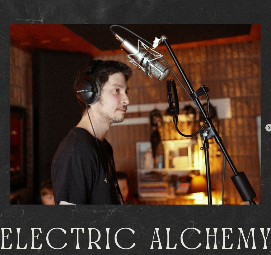 an image of a man in a recording studio with the words electric alchemy