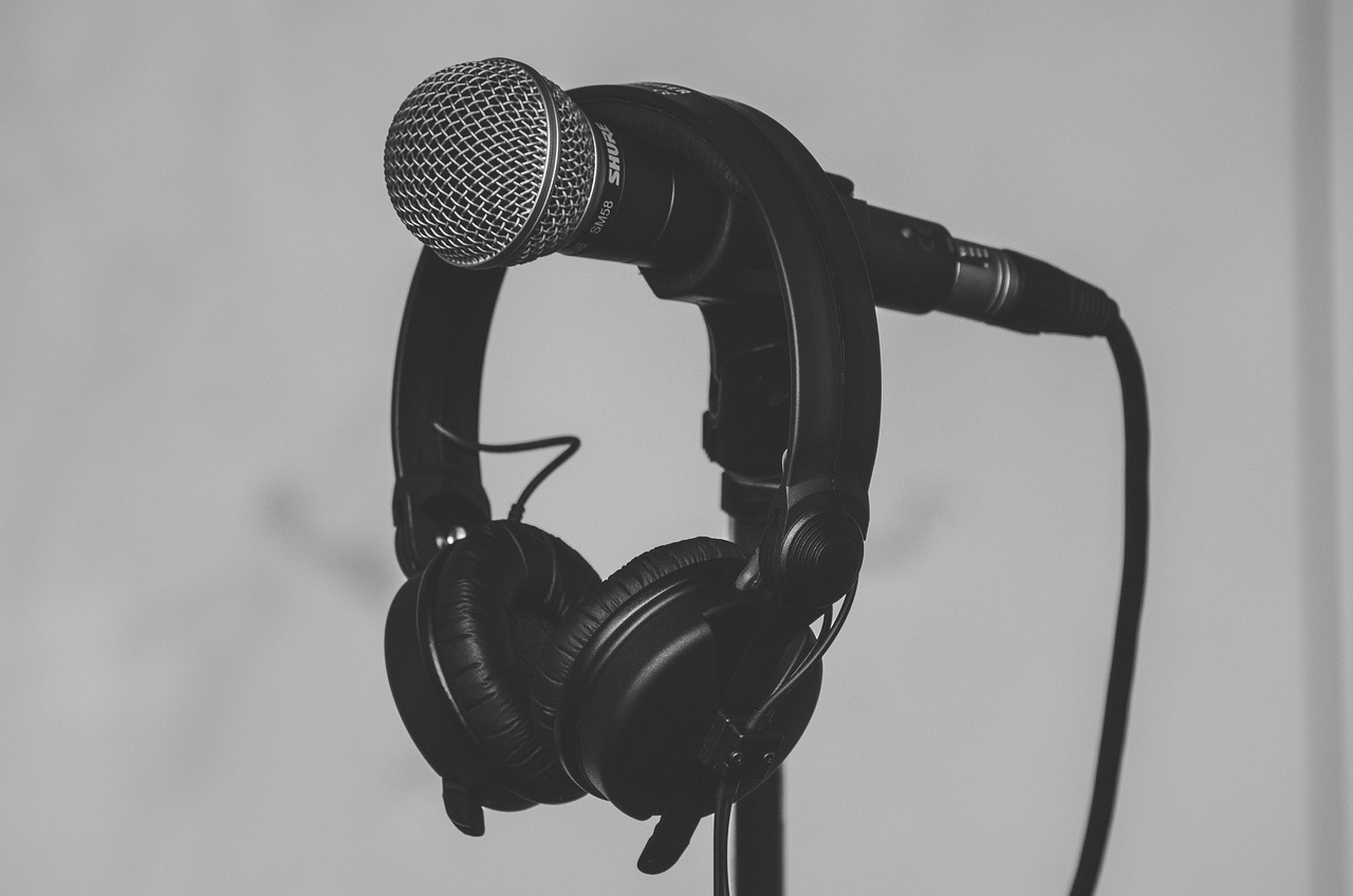 a black and white photo of a microphone on a stand