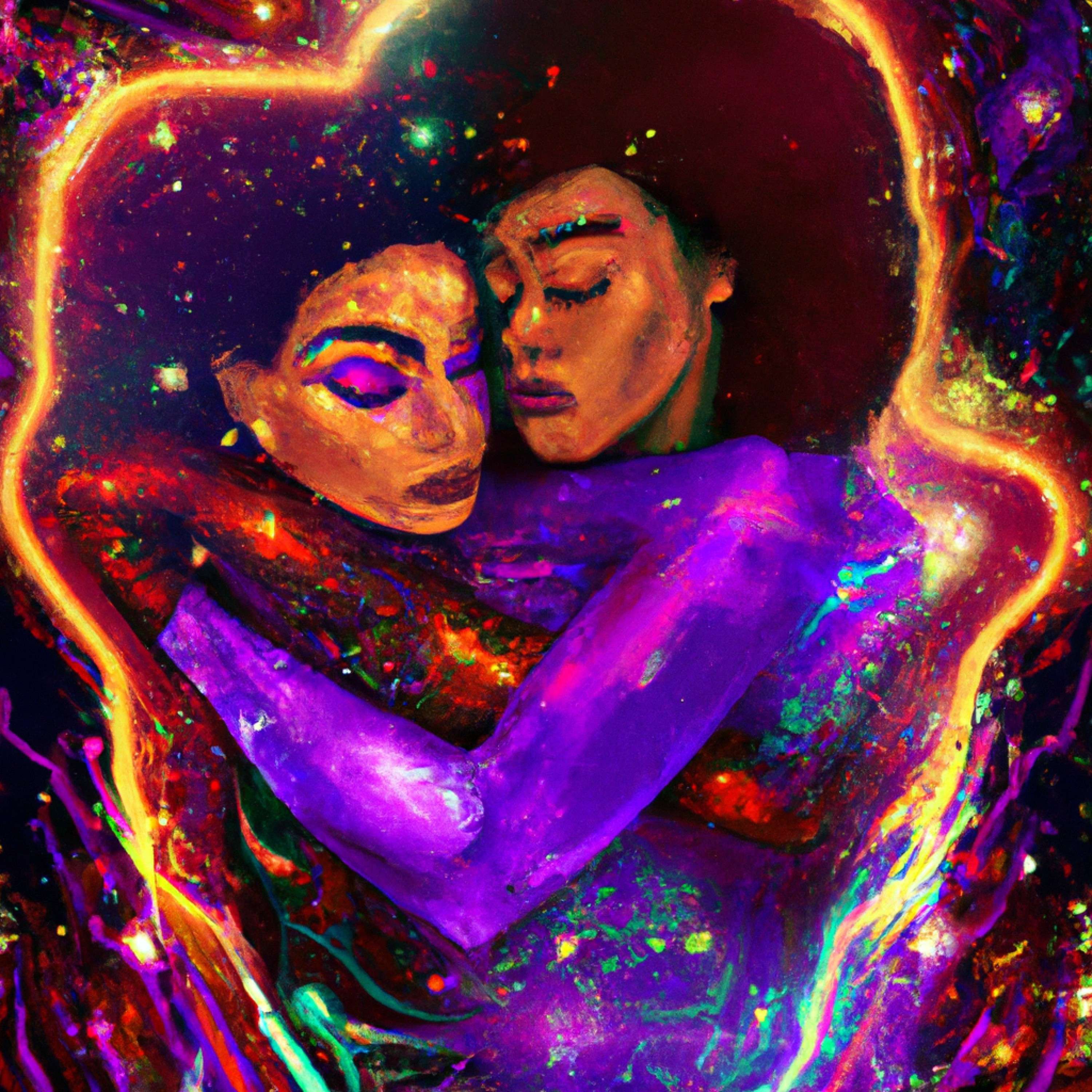 two women hugging in front of a colorful background