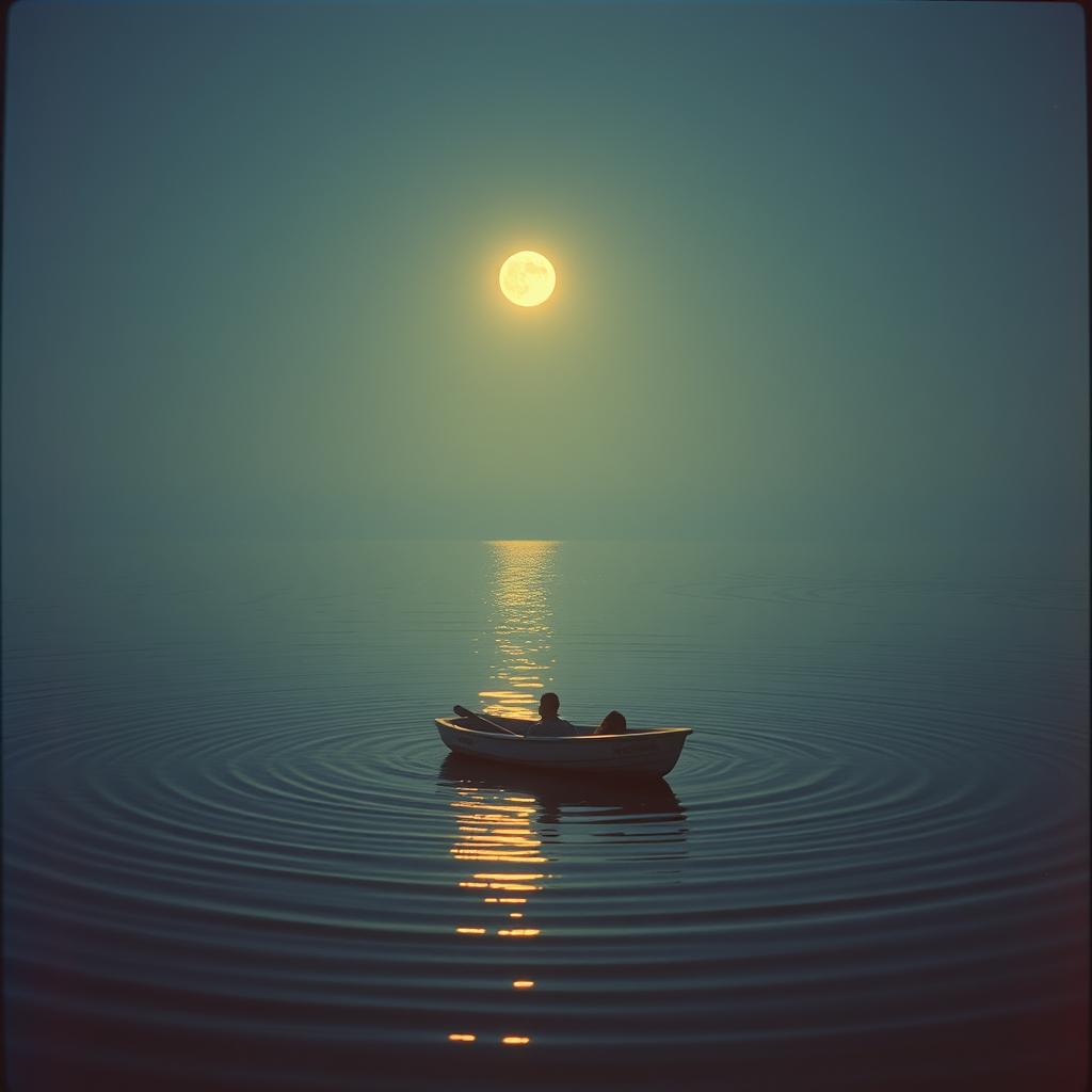 two people in a boat on the water with a full moon in the background