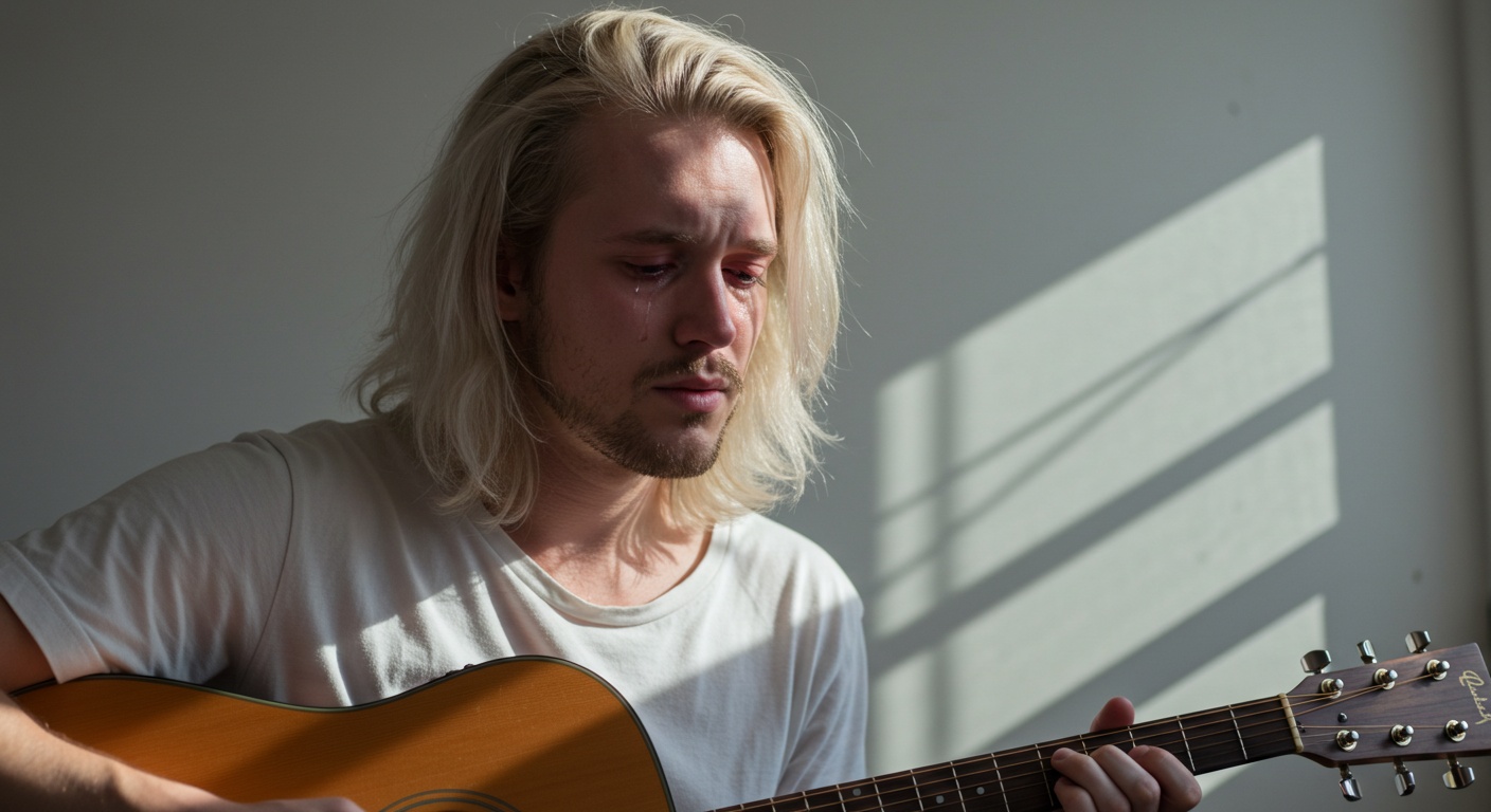 a man with blonde hair playing an acoustic guitar