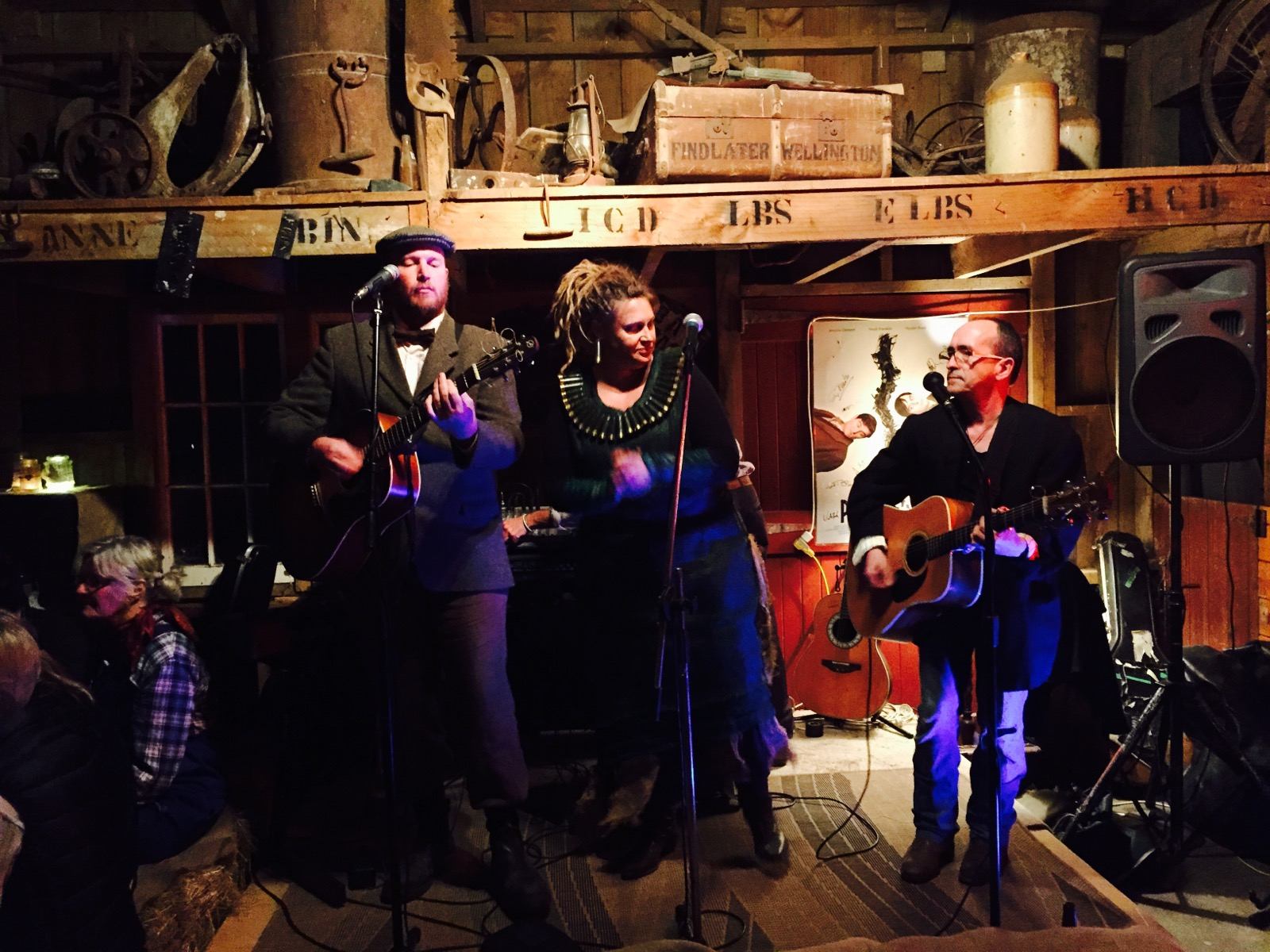 a group of people singing and playing music in a log cabin
