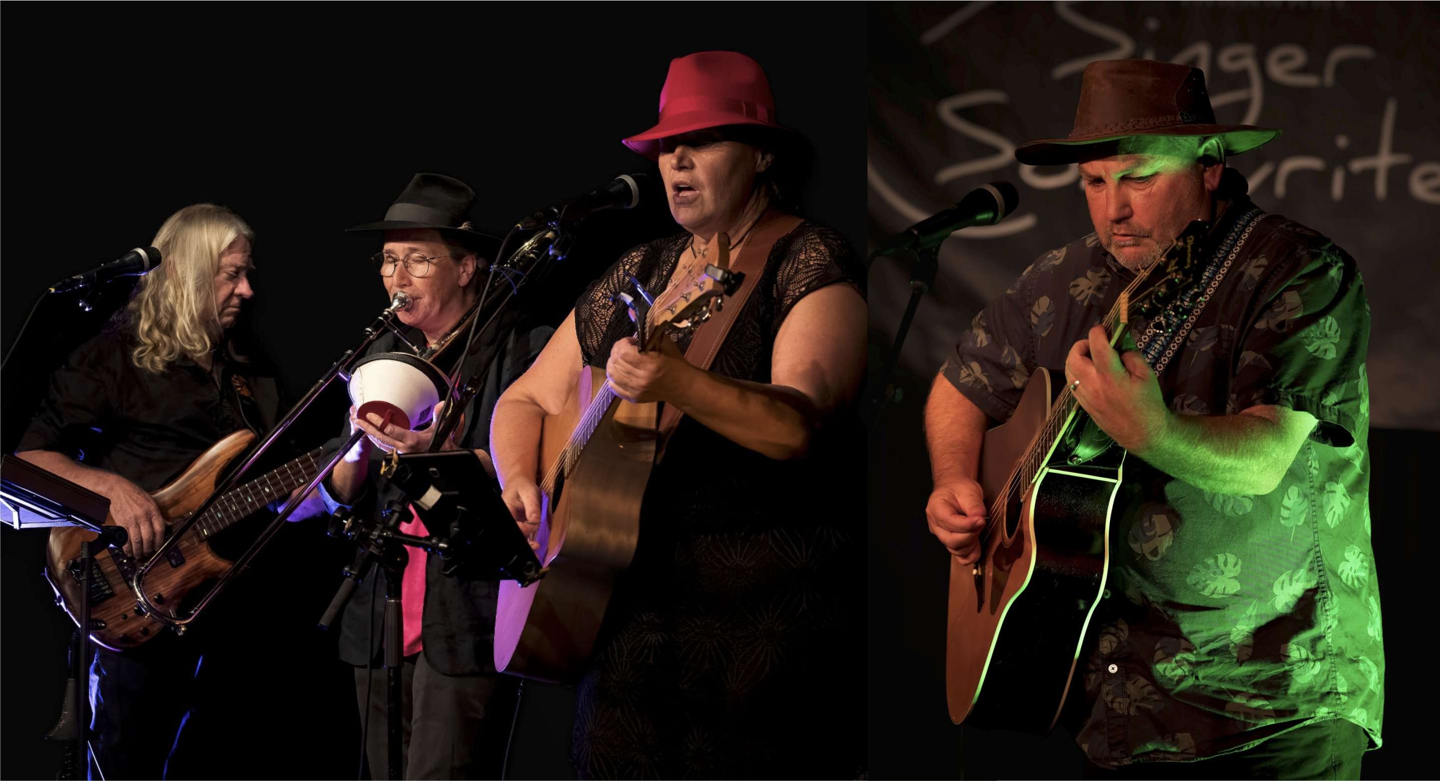a group of people in hats singing and playing guitars
