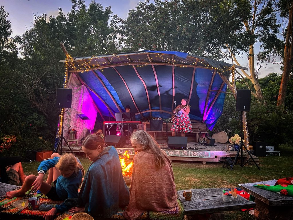 a group of people sitting around a campfire