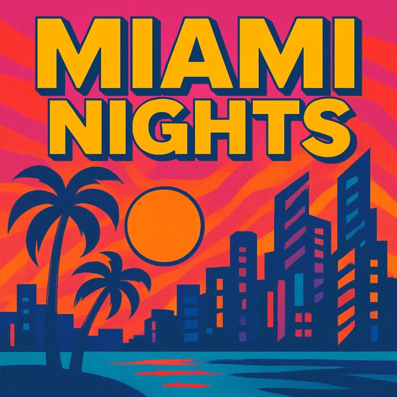 miami nights logo with palm trees and skyscrapers