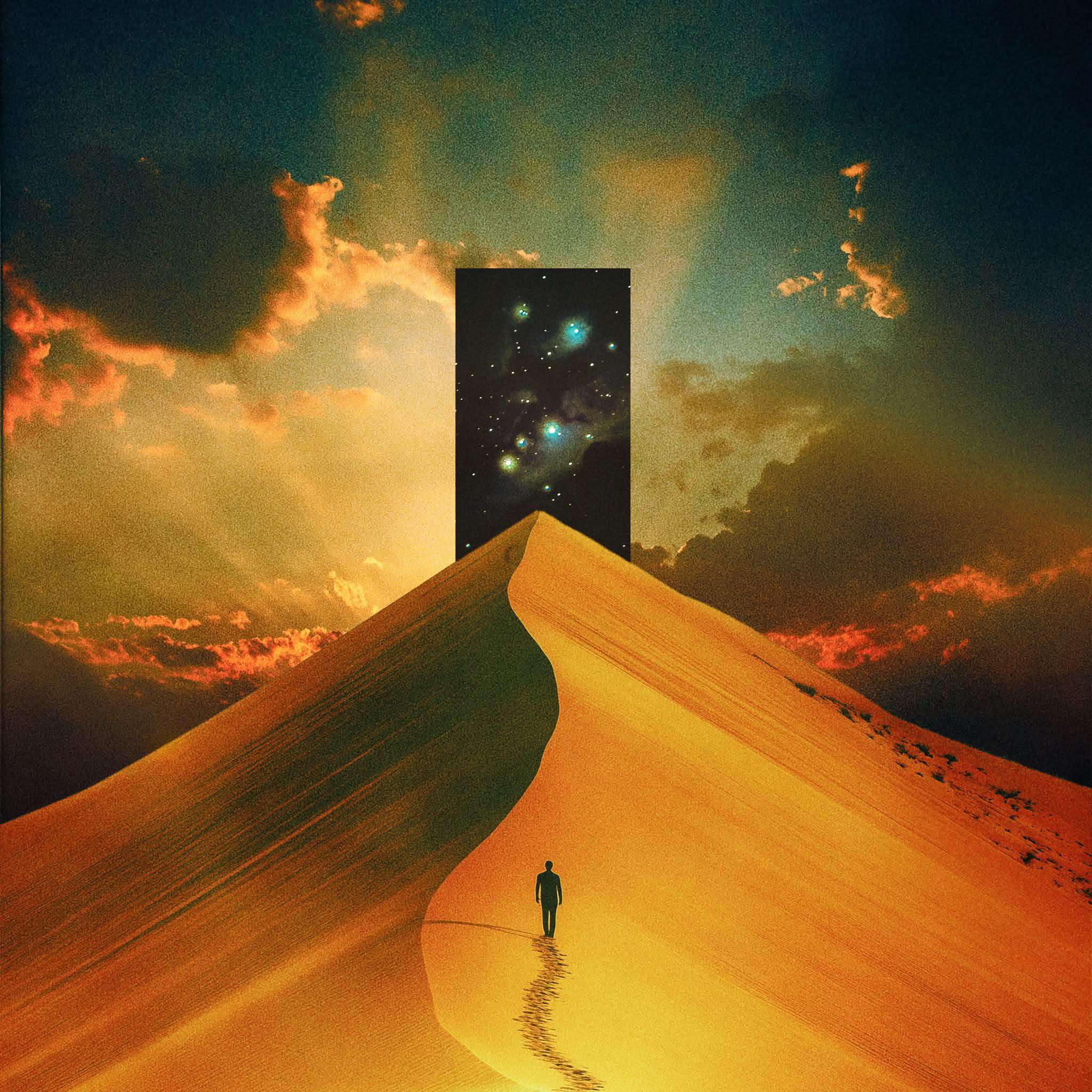 an image of a man walking through a desert with a door in the background
