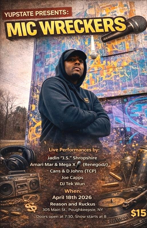 a flyer for mic wreckers featuring a man with a microphone