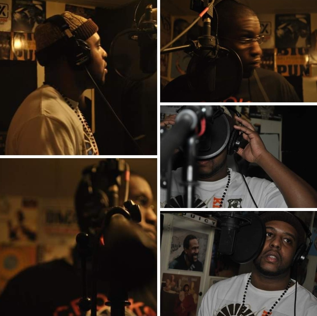 a collage of pictures of a man in a recording studio