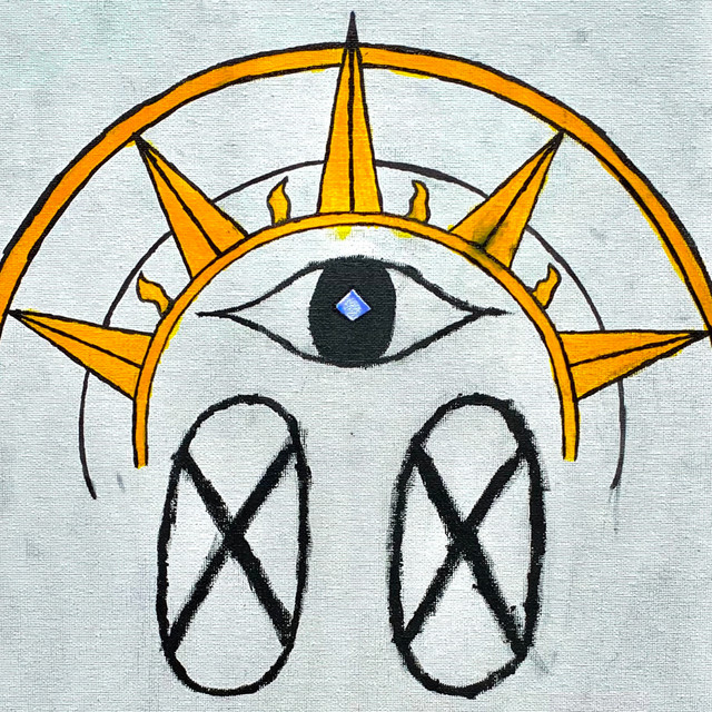 a drawing of an eye with a sun in the middle