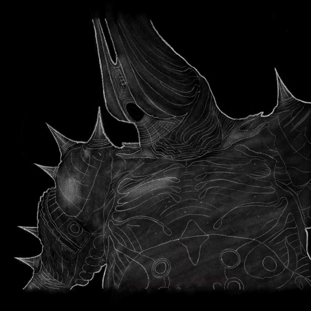 a black and white drawing of an armor with spikes