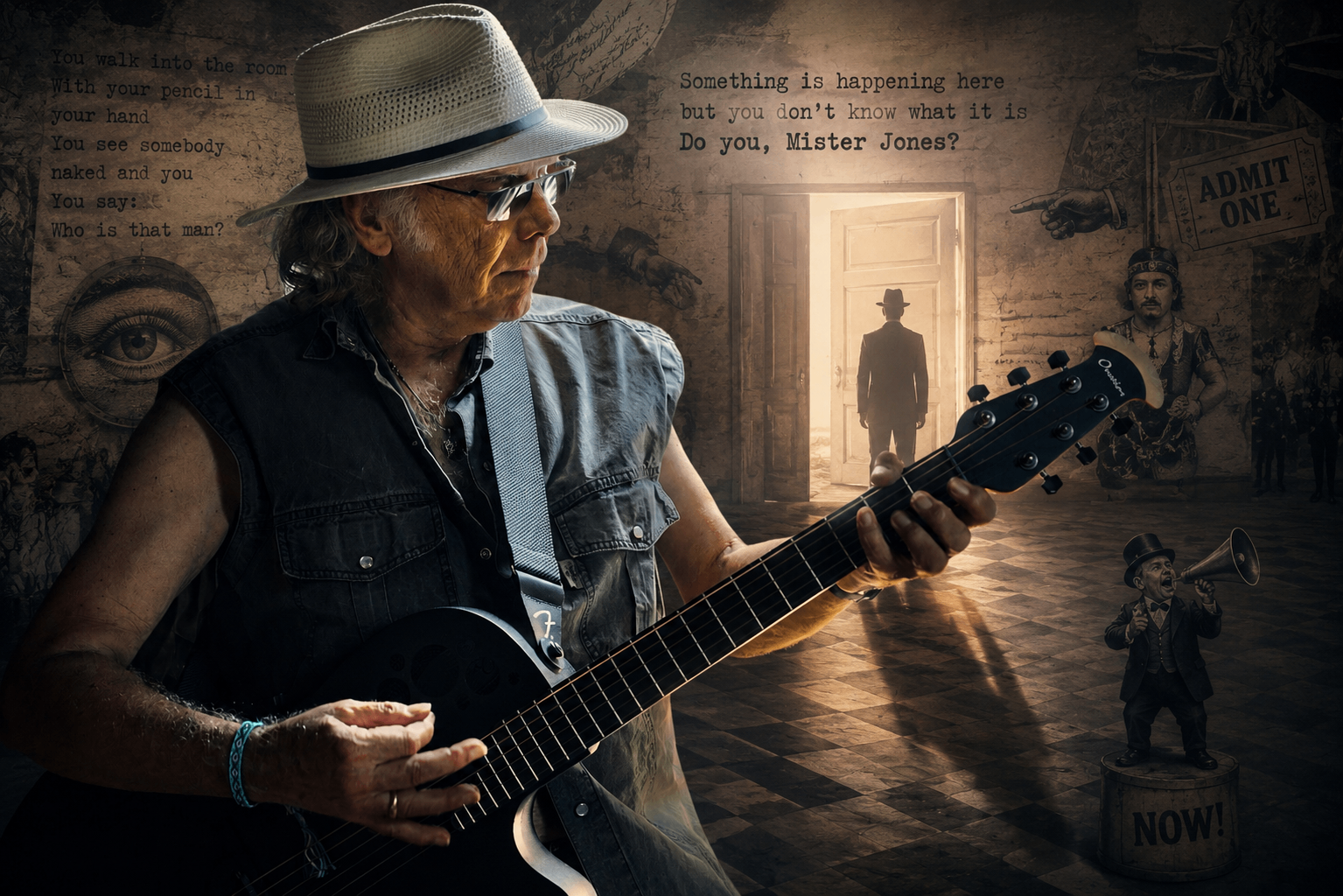 a man in a hat playing an acoustic guitar