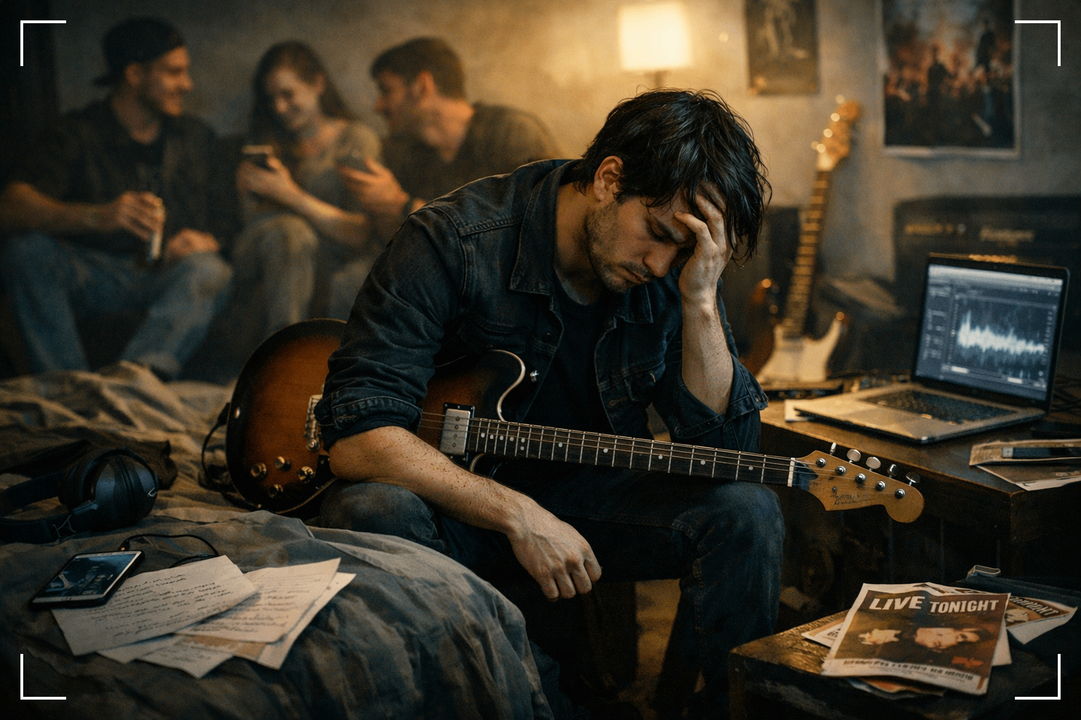 a man sitting on a bed with a guitar in front of a group of people