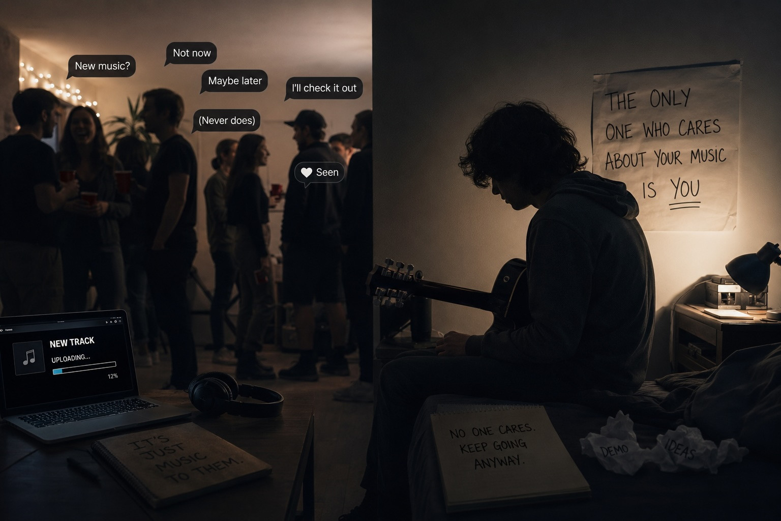 a man is sitting in a room with a guitar and a laptop