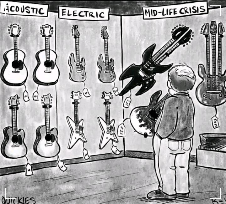 a cartoon of a boy looking at different guitars