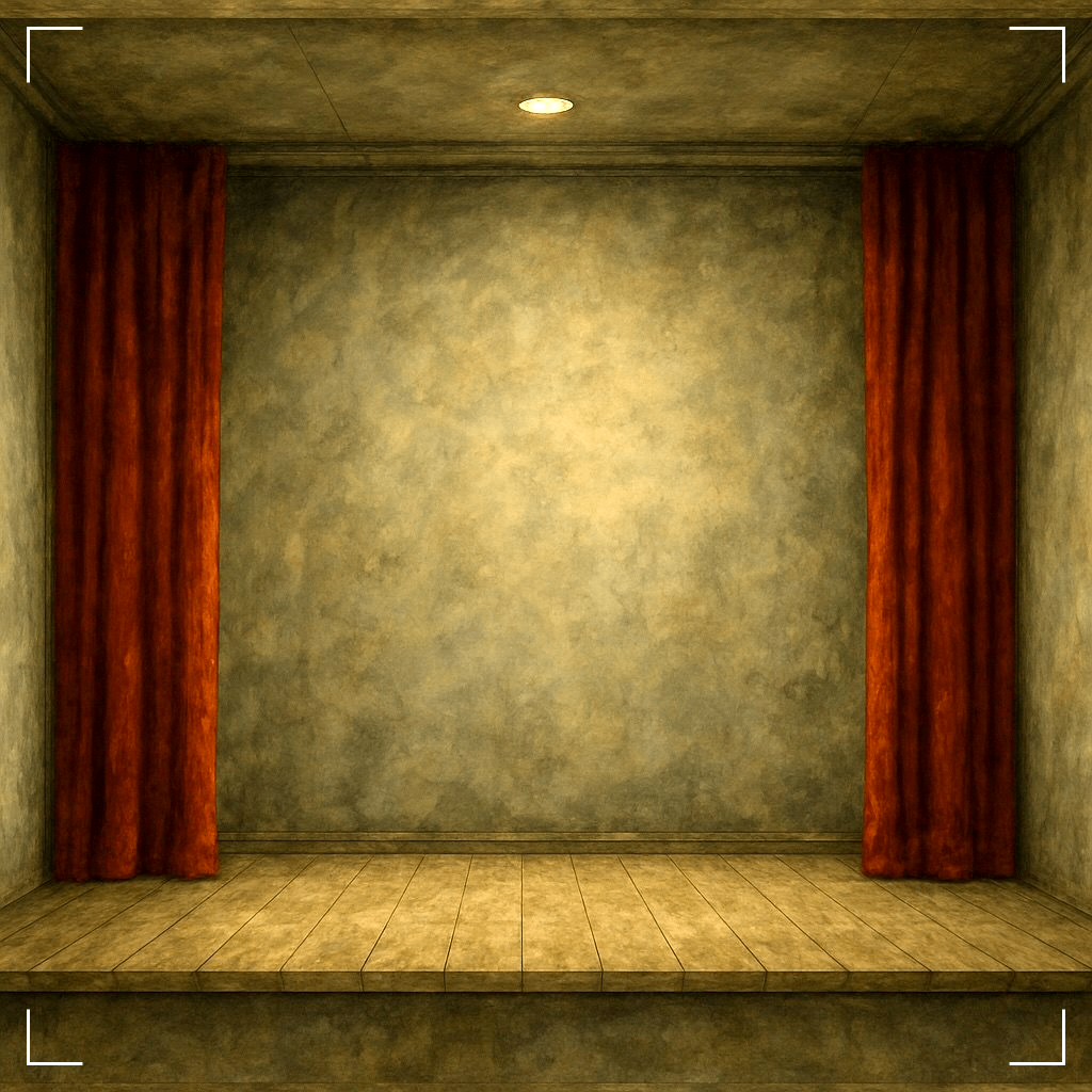 an empty stage with red curtains and a wooden floor
