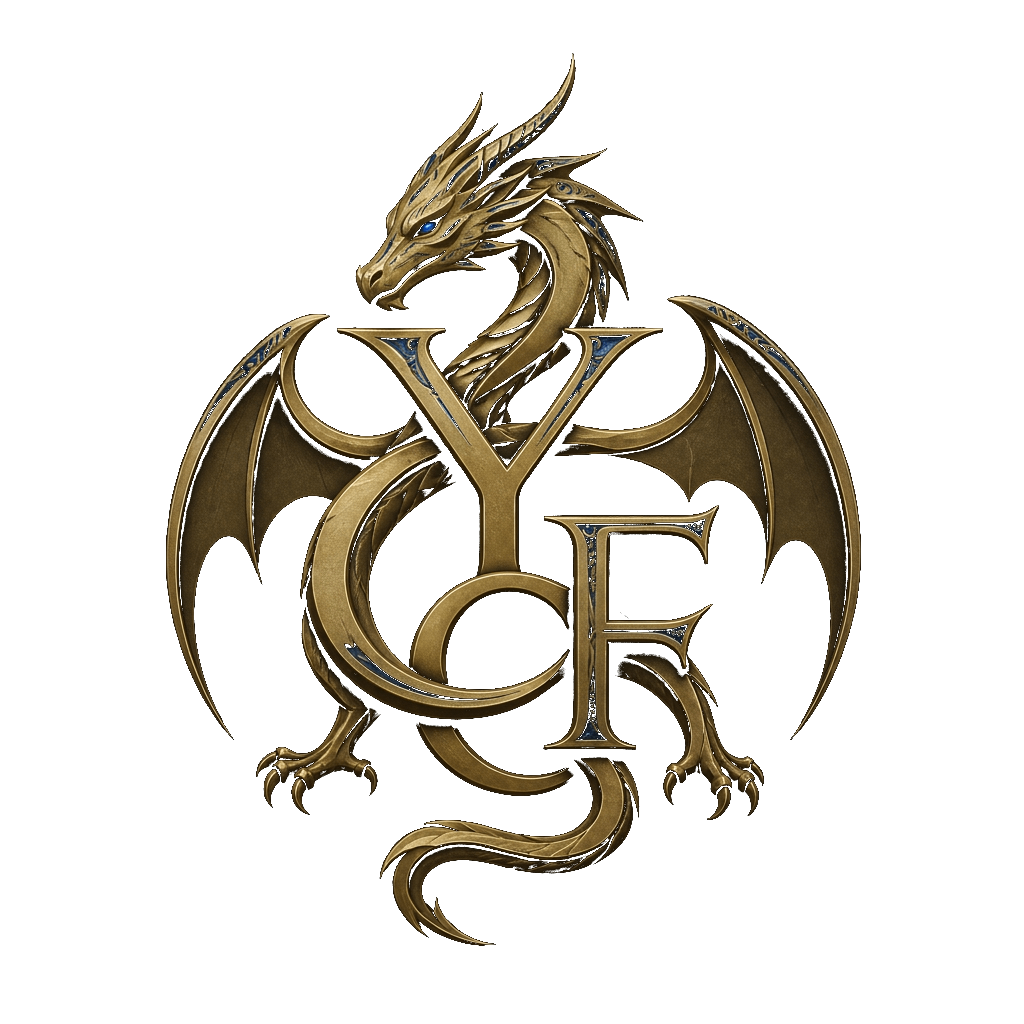 a gold dragon logo on a black background