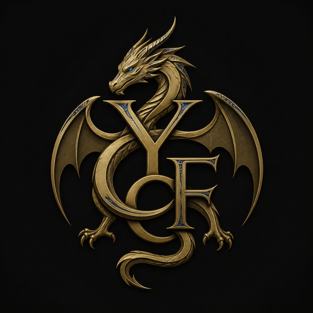 a gold dragon logo on a black background