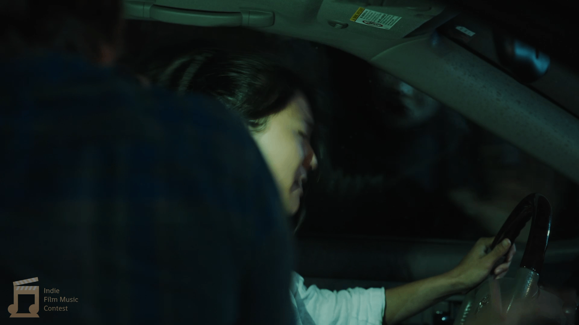 a woman is driving a car at night