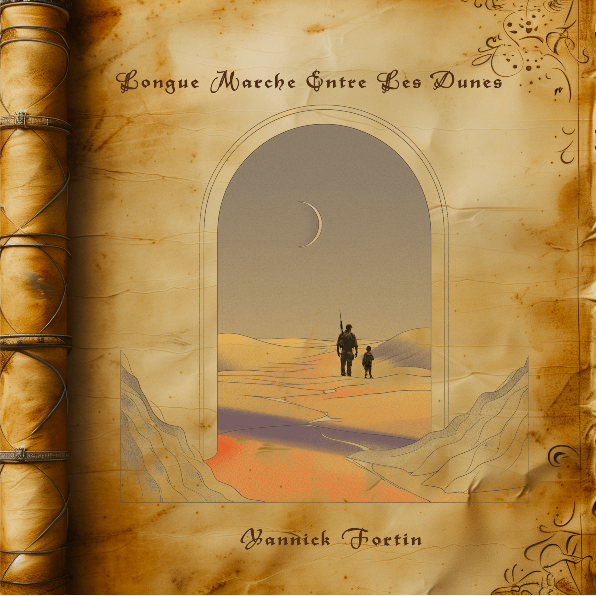 Yannick Fortin - Longue marche entre les dunes: the cover of a book with a man and woman in the desert