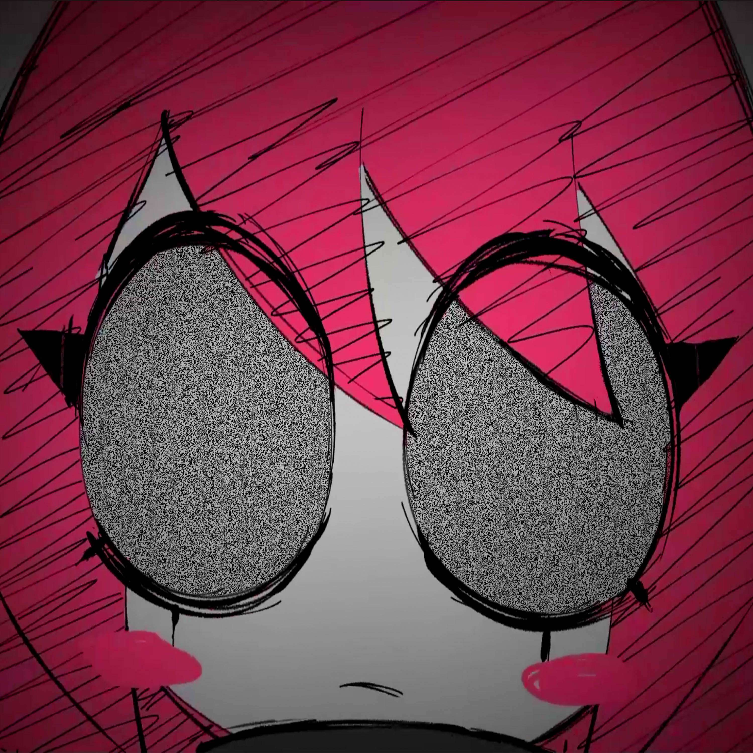 a drawing of a girl with pink hair and glasses