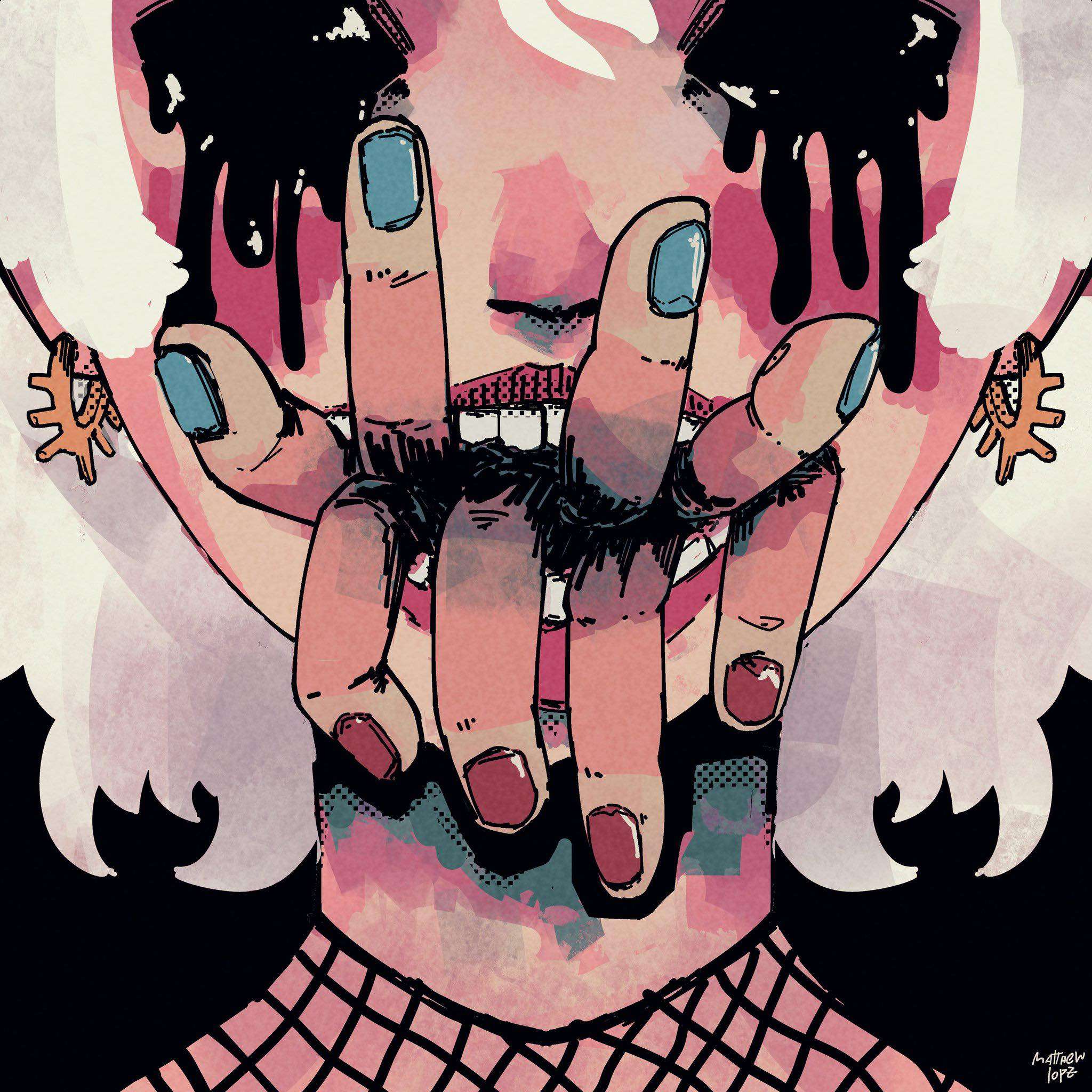 an illustration of a girl with dripping blood on her face