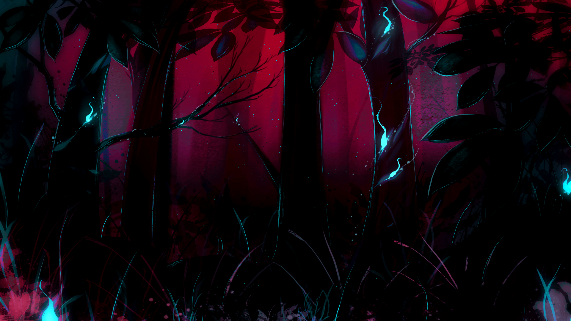a painting of a forest at night