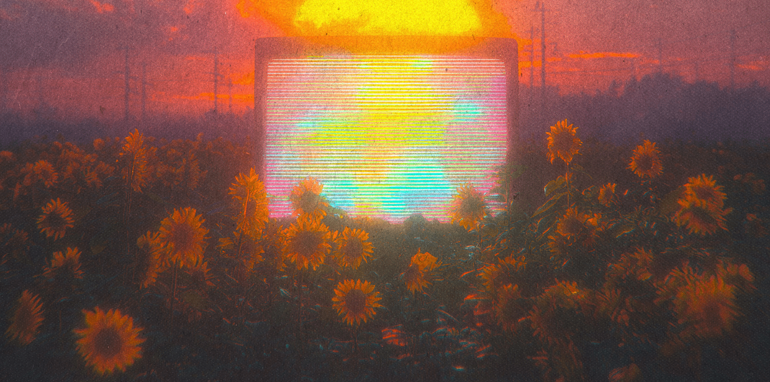 Enman tip jar: a large screen in the middle of a field of sunflowers