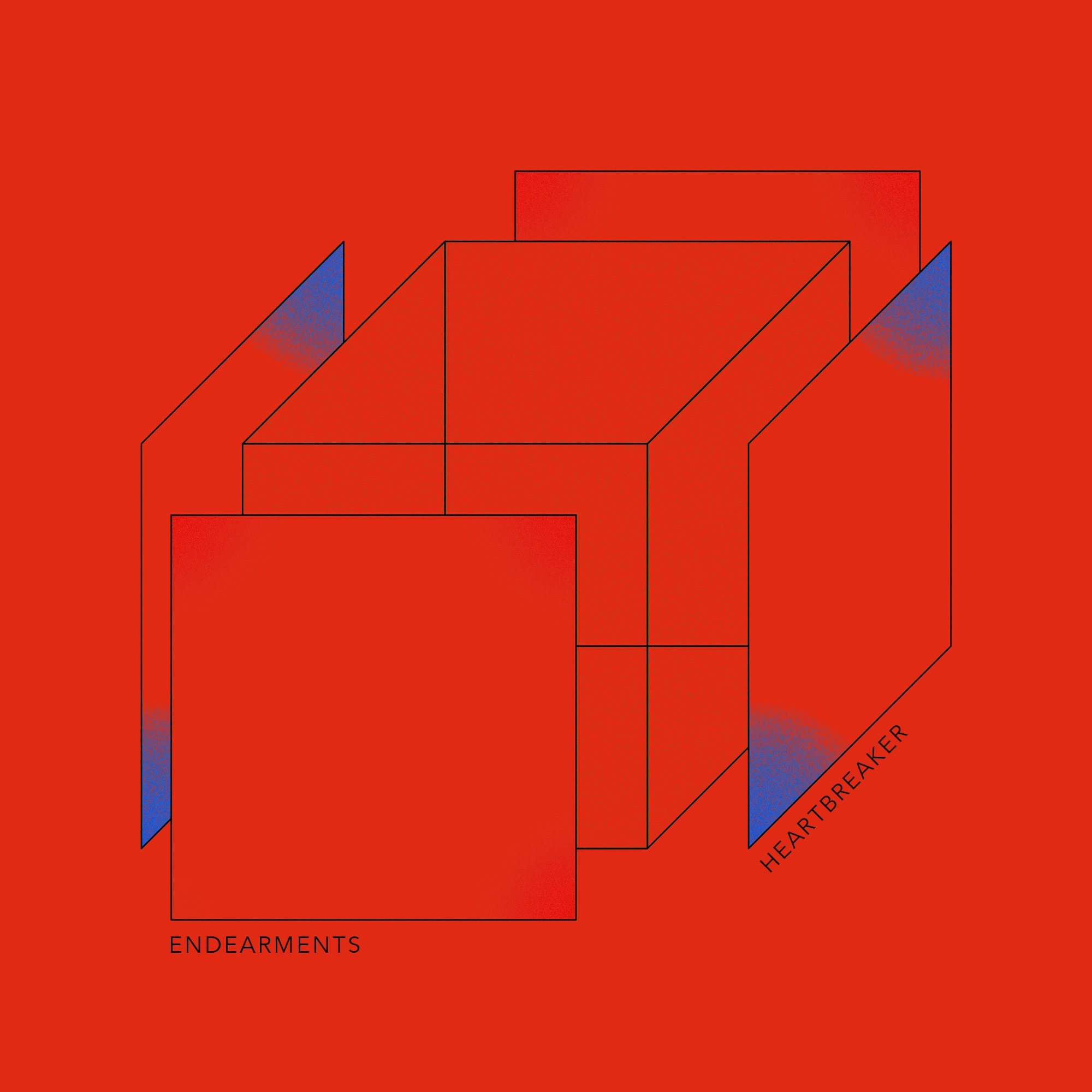 a red background with blue and blue squares on it