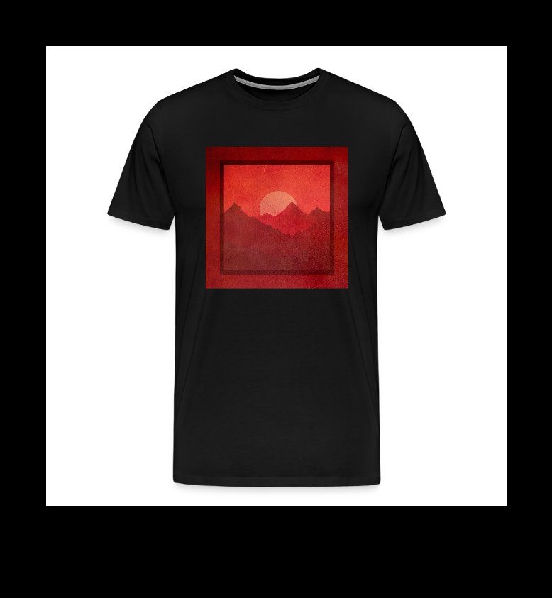 a black t - shirt with a red mountain in the background